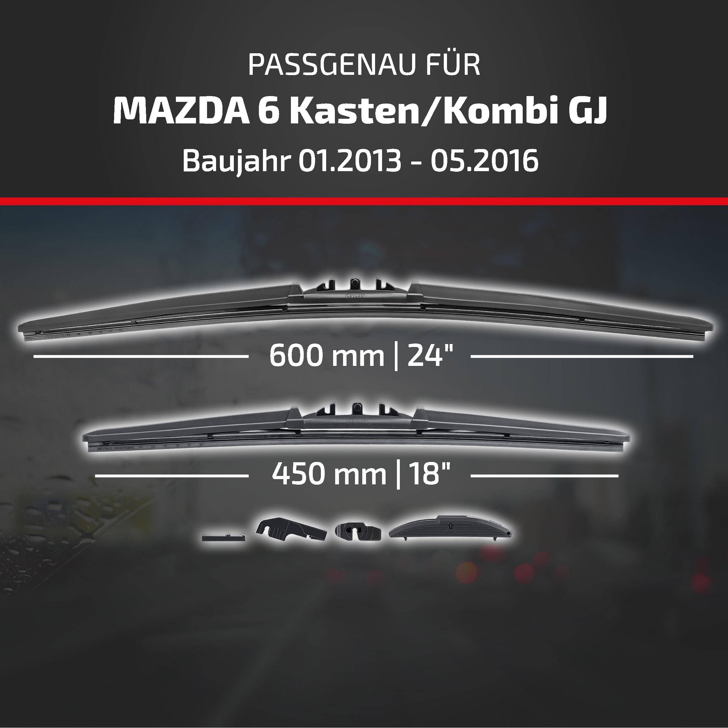 Grafik zur Kompatibilität von Autoscheibenwischern für Mazda 6 Limousine/Kombi GJ, Modelljahre 01.2013-05.2016, zeigt Wischbladtlängen von 600 mm und 450 mm.