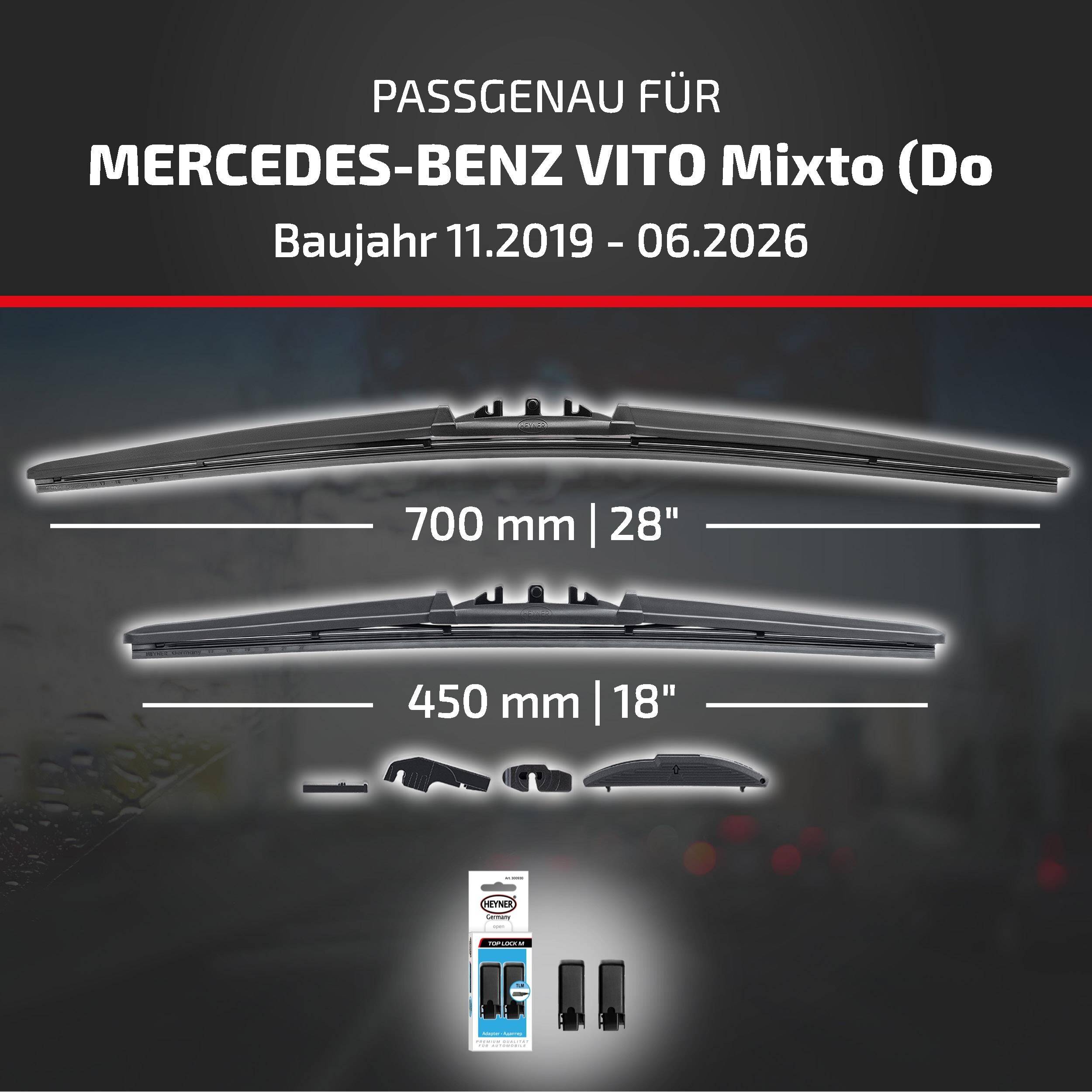 Diagramm, das die Kompatibilität von Scheibenwischern für Mercedes-Benz Vito Mixto, Modelljahre 11/2019-06/2026, mit Blattgrößen von 700 mm (28