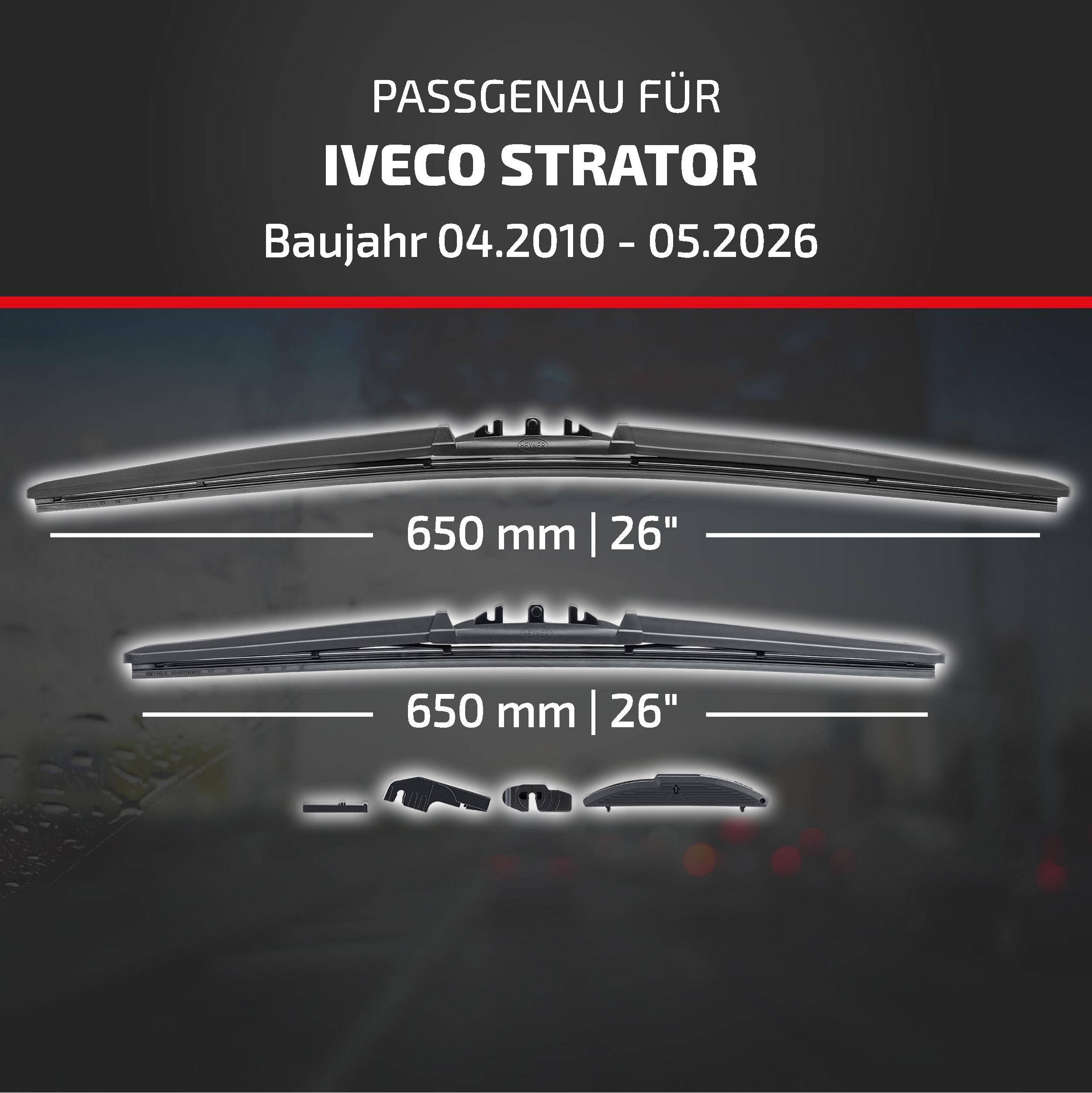 Kompatibilitätsgrafik für Iveco Stralis-Fahrzeuge, Modelljahre 04.2010–05.2026, mit zwei 650-mm-Scheibenwischern (26