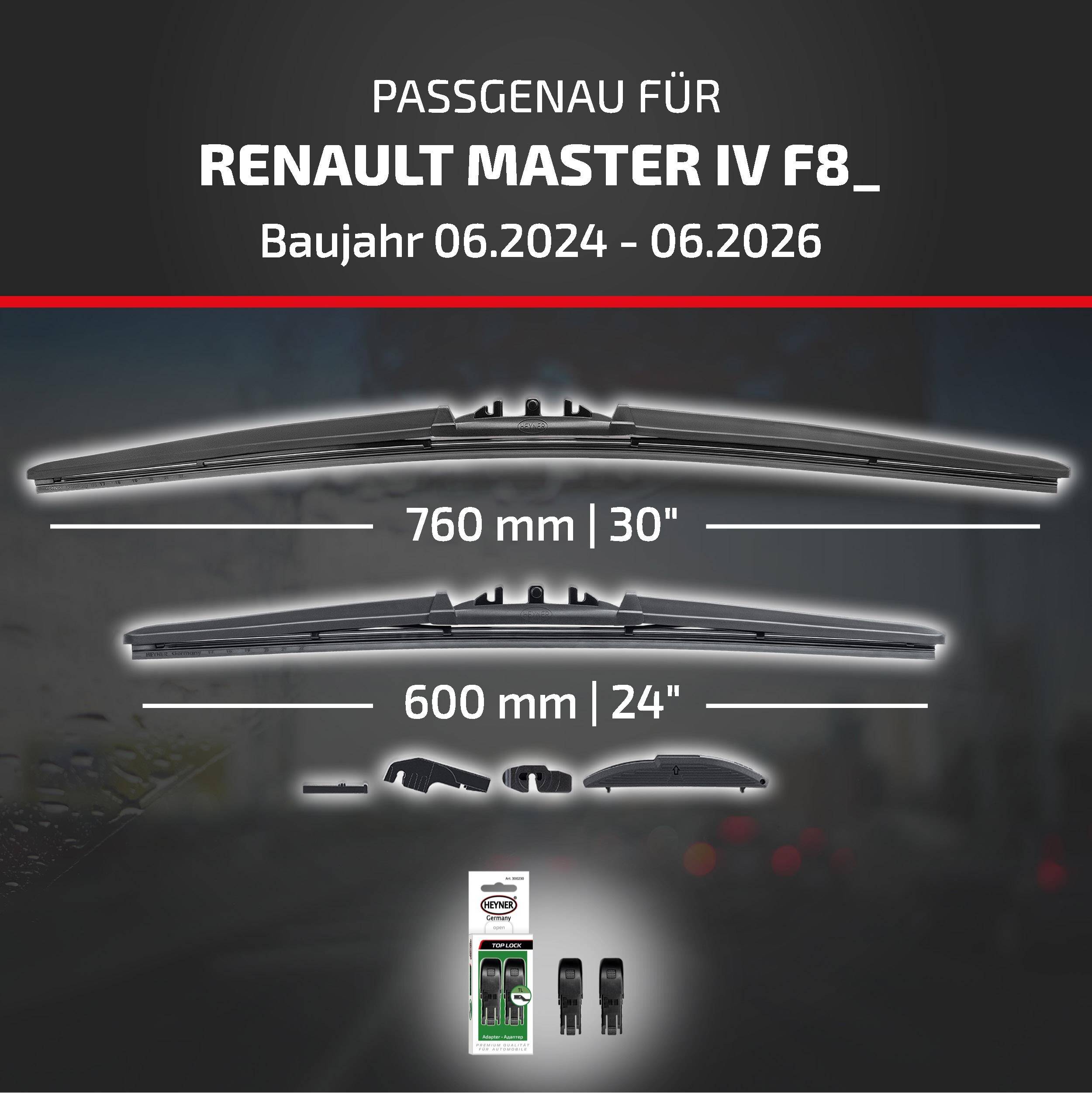 Grafik zeigt Scheibenwischer kompatibel mit Renault Master IV F8, Modelljahre 06.2024–06.2026, mit Größen 760 mm/30