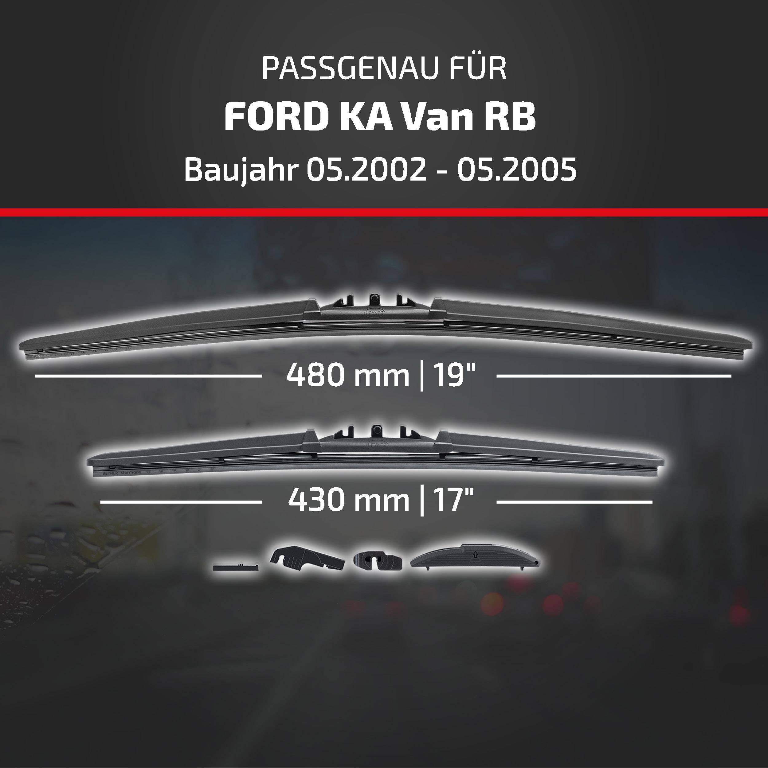 Die Anzeige zeigt Wischerblätter, die mit dem Ford Ka Van RB kompatibel sind, für die Modelljahre 05.2002–05.2005, in den Größen 480 mm (19