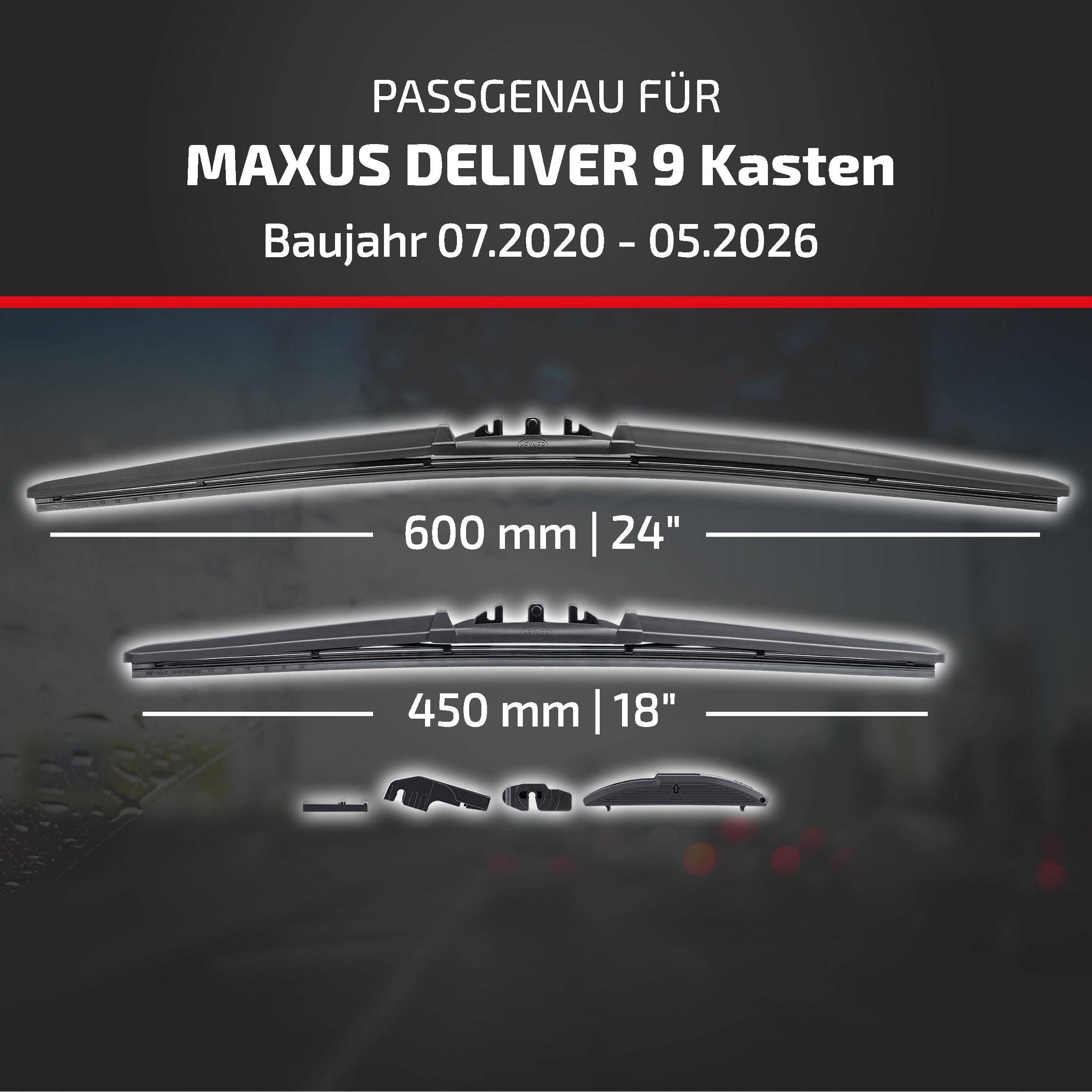 Scheibenwischer für MAXUS DELIVER 9 Kastenwagen, Baujahre 07.2020-05.2026, mit Größen 600 mm (24
