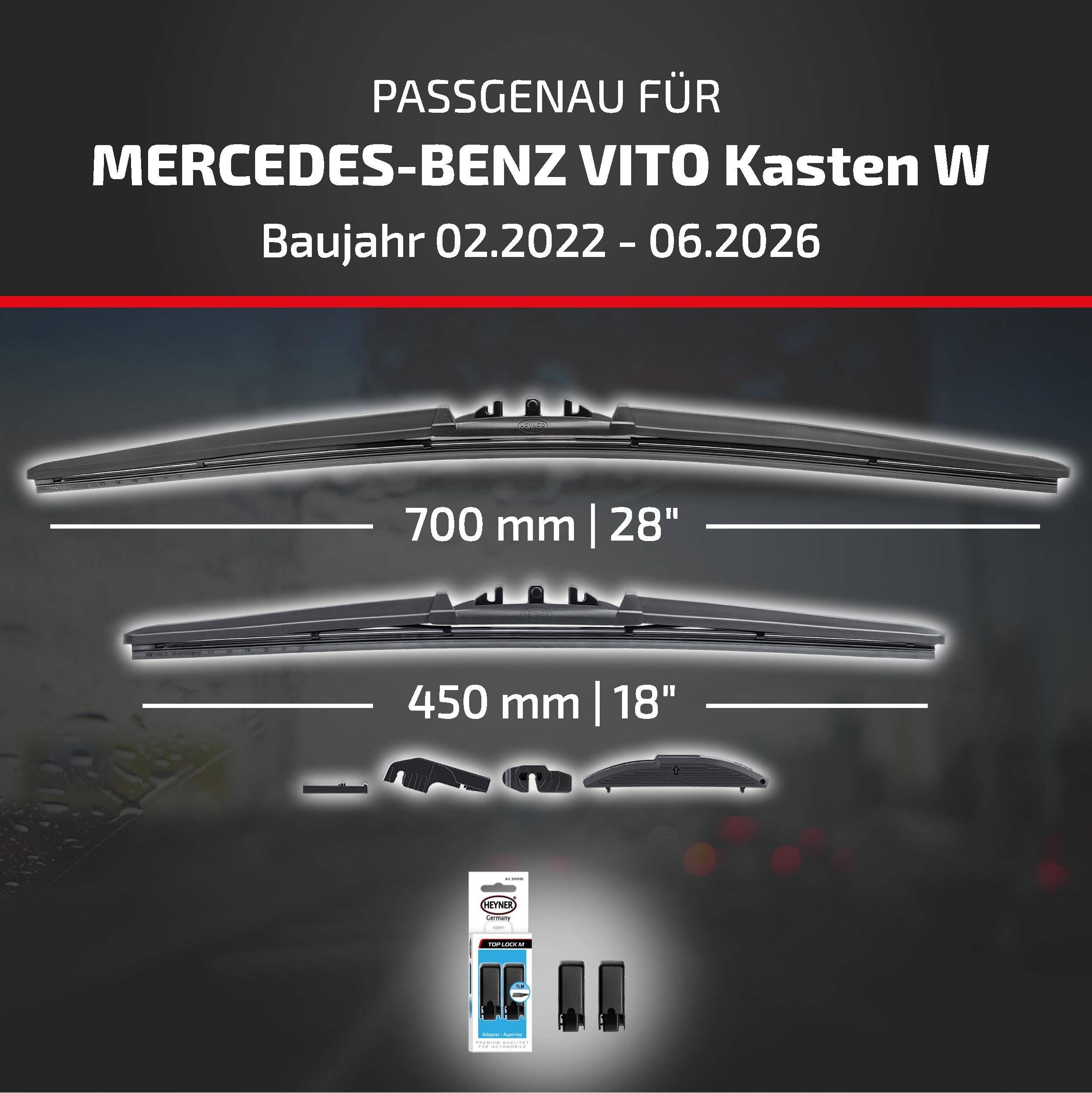 Scheibenwischersatz für Mercedes-Benz Vito Transporter (Baujahre 02/2022-06/2026), mit 700 mm und 450 mm Wischblättern und Adapterstücken.