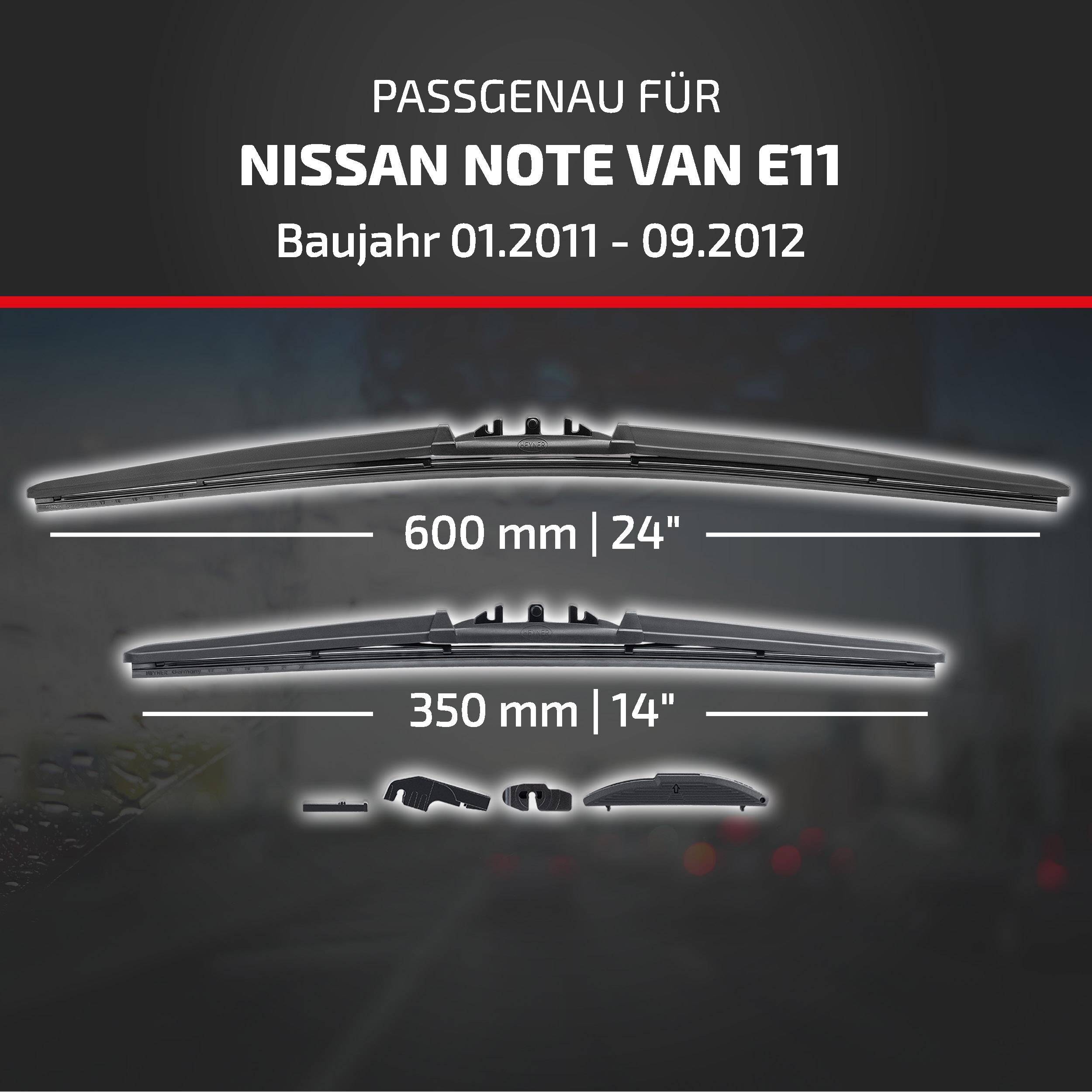 Kompatibilitätsgrafik für Nissan Note Van E11, Modelljahre 01.2011–09.2012, zeigt Wischergröße 600 mm (24