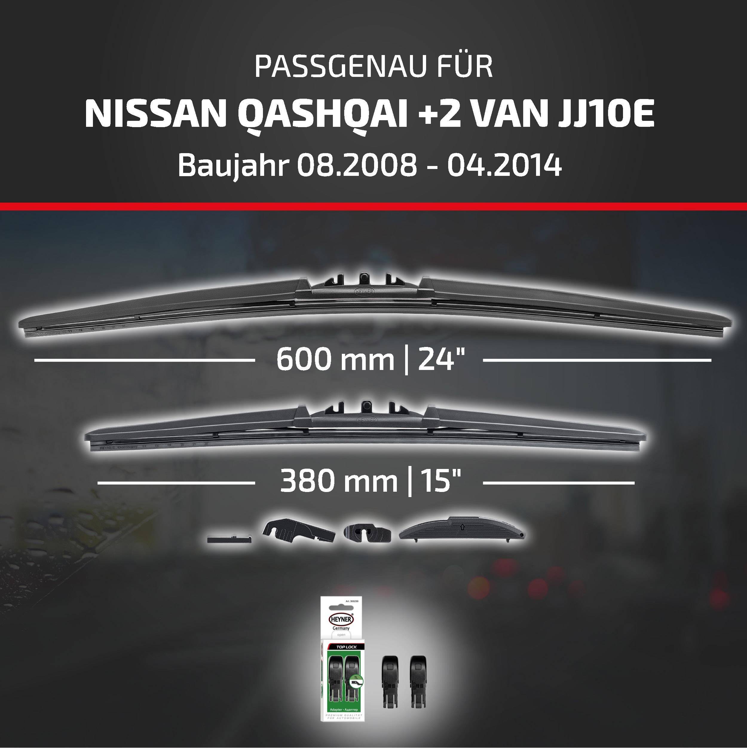 Produktgrafik mit Scheibenwischern passend für Nissan Qashqai+2 Van JJ10E, Modelljahre 08/2008-04/2014, mit Größen 600 mm (24