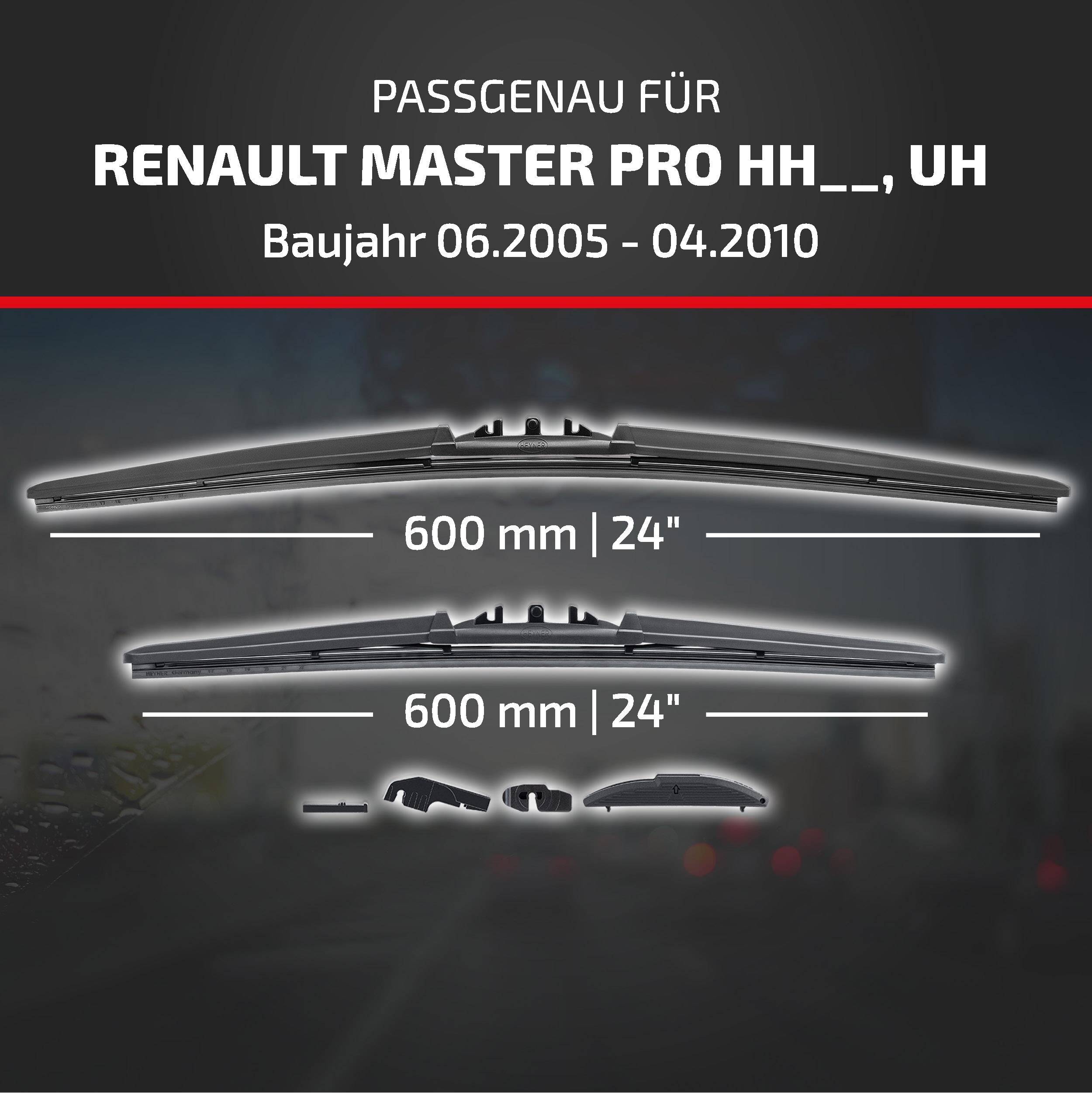 Anzeige für Scheibenwischerblätter passend für Renault Master Pro HH__, UH, Modelljahre 06.2005-04.2010, mit 600 mm/24 Zoll Blättern.