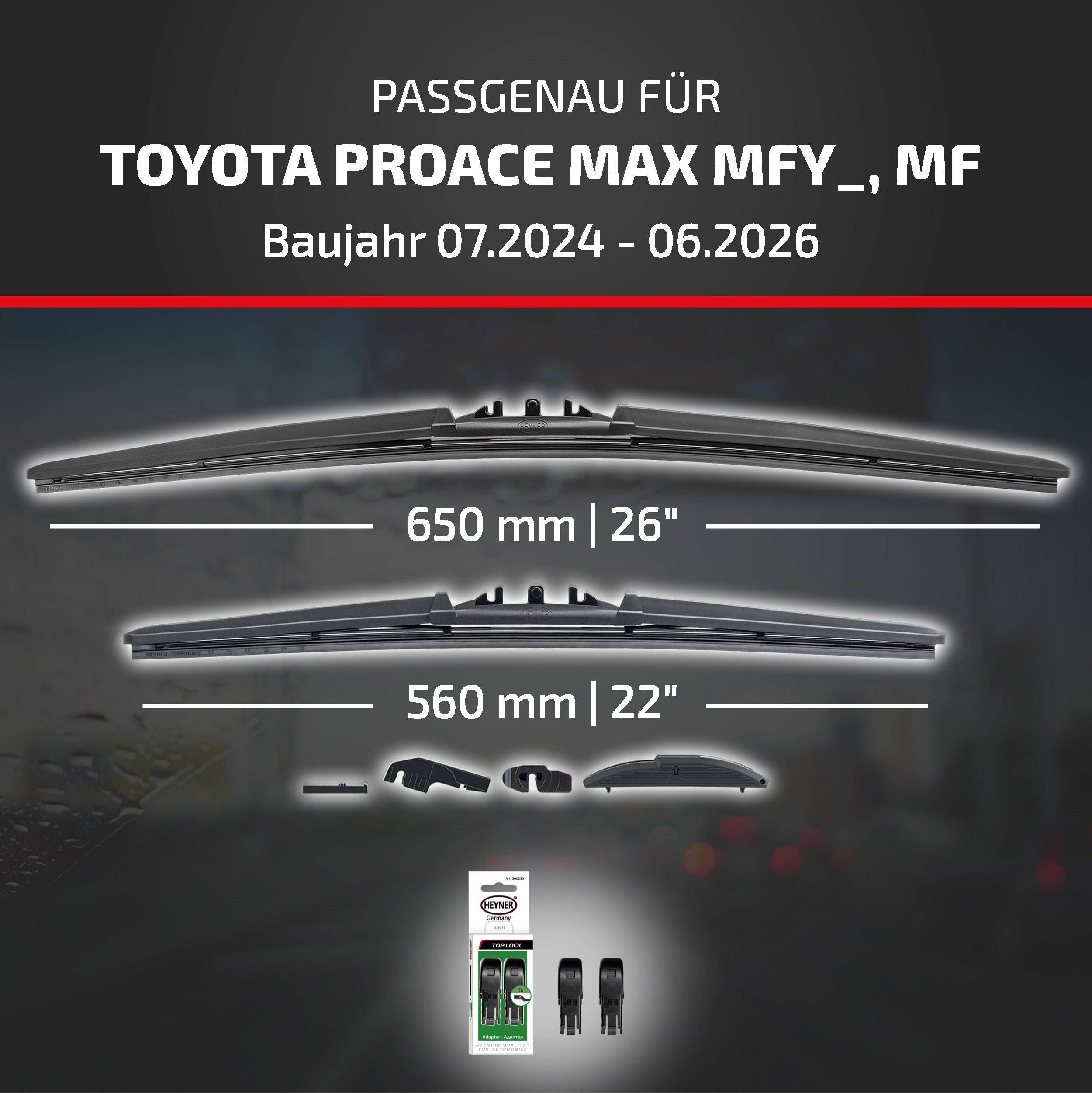 Kompatibilitätsgrafik für Toyota Proace Max MFY/MF, Modelljahre 07.2024-06.2026, zeigt Wischblattgrößen 650 mm (26