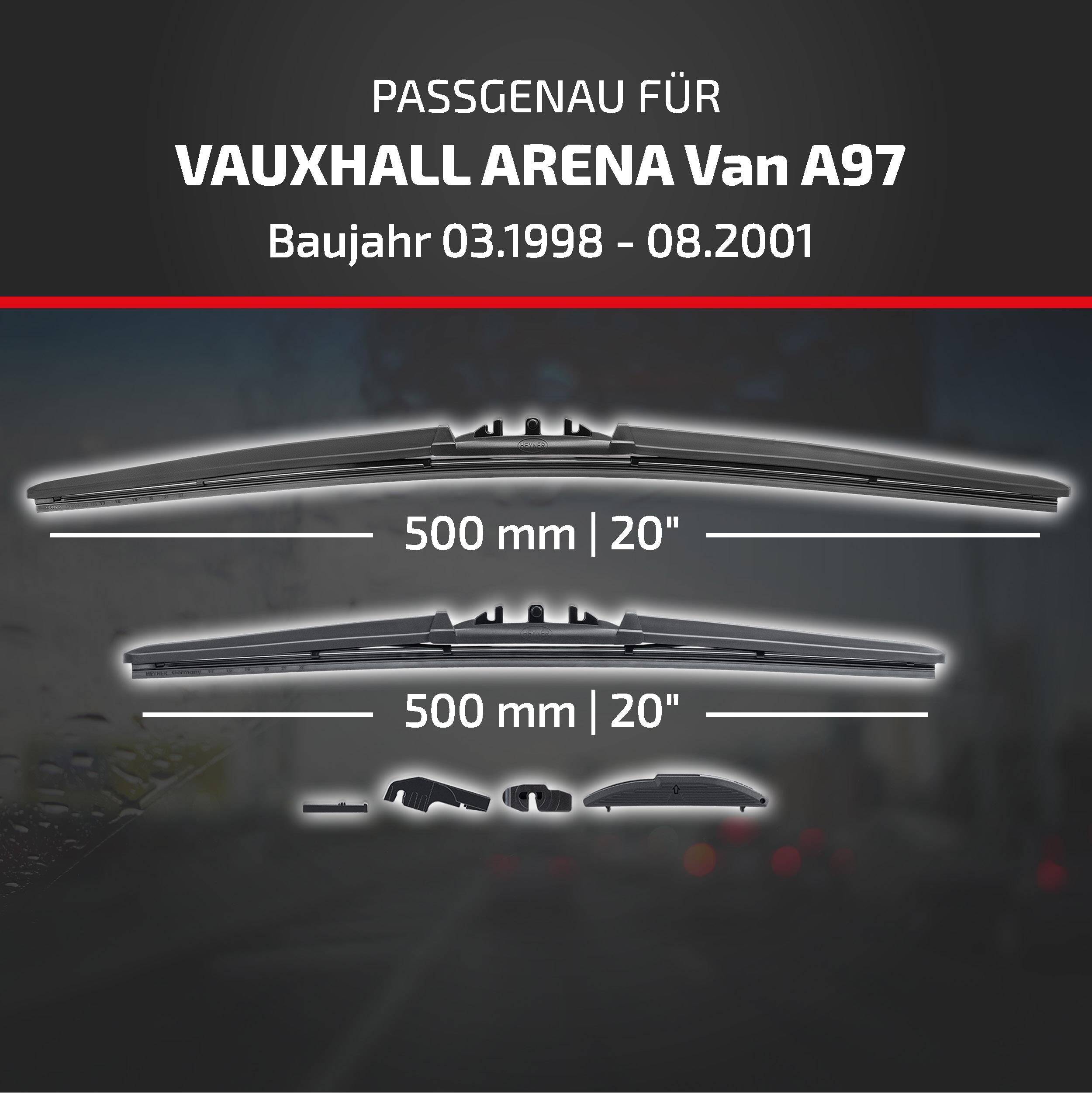 Werbegrafikfür VAUXHALL ARENA Van A97: zwei Scheibenwischerblätter abgebildet mit Kompatibilitätshinweis „passgenau für