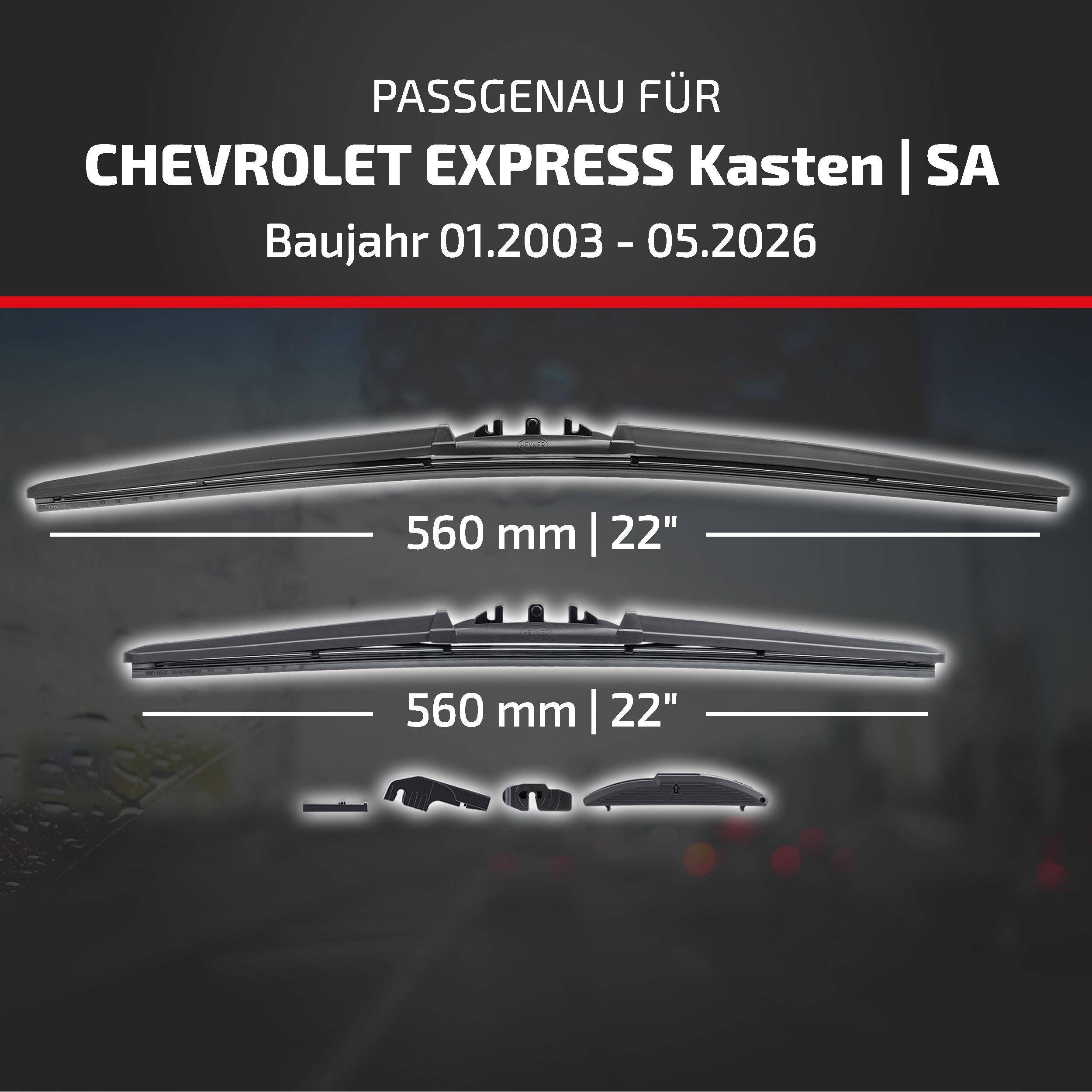 Anzeige zeigt Scheibenwischerblätter für Chevrolet-Express-Transporter, gekennzeichnet mit „passgenau für CHEVROLET EXPRESS Kasten | SA