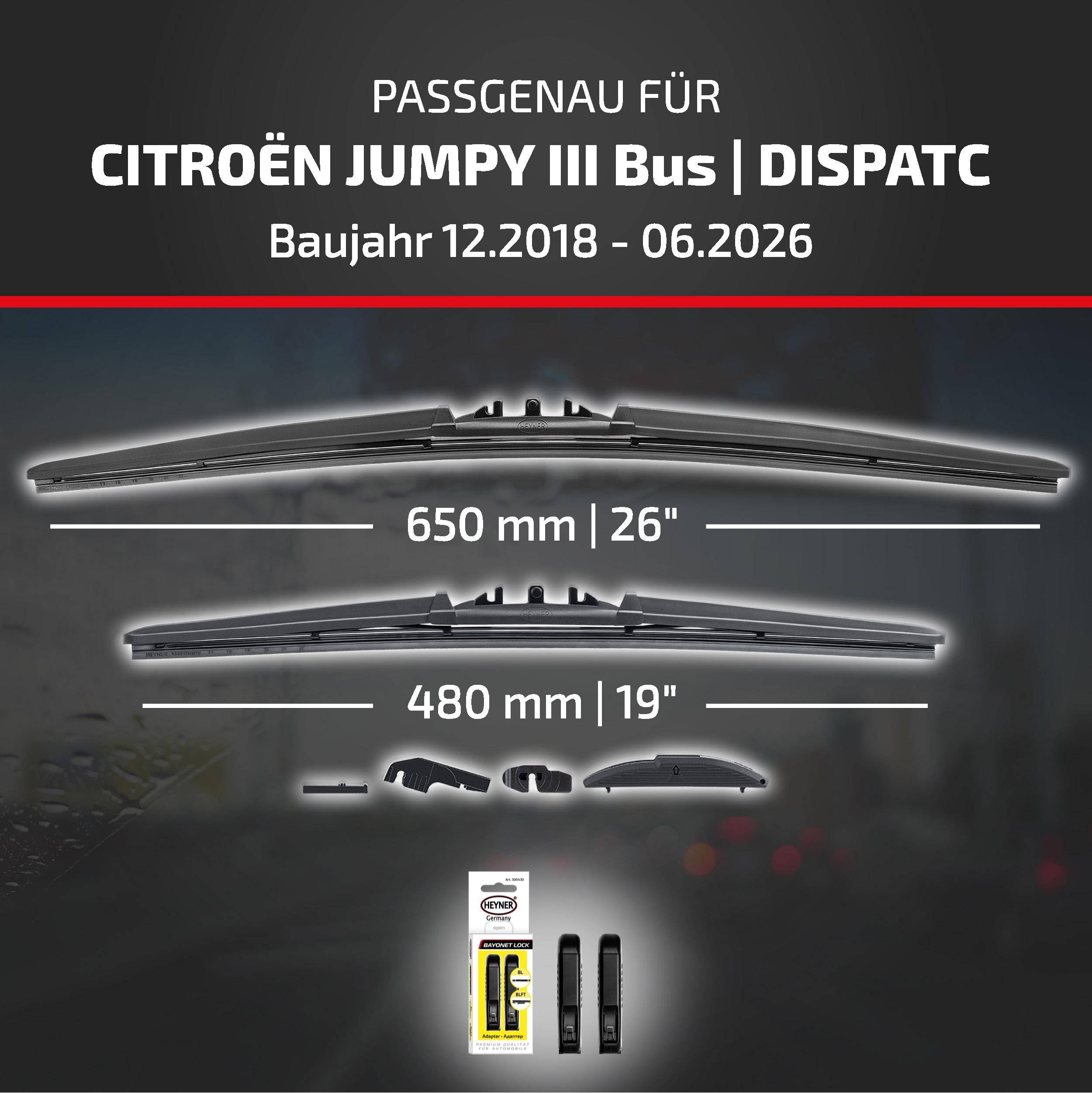 HEYNER® Scheibenwischer für CITROËN JUMPY III Bus | DISPATCH 12.2018 - 08.2026, HYBRID Flachbalkenwischer,