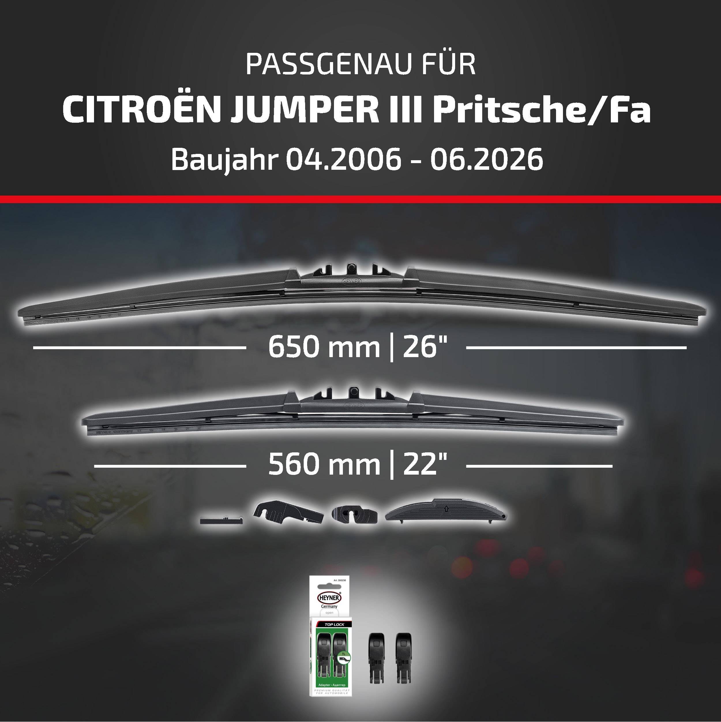 Passformtabelle für Citroën Jumper III Pickup/Transporter, Modelljahre 04.2006–06.2026, zeigt Scheibenwischergröße 650 mm und 560 mm sowie beiliegende Adapter.