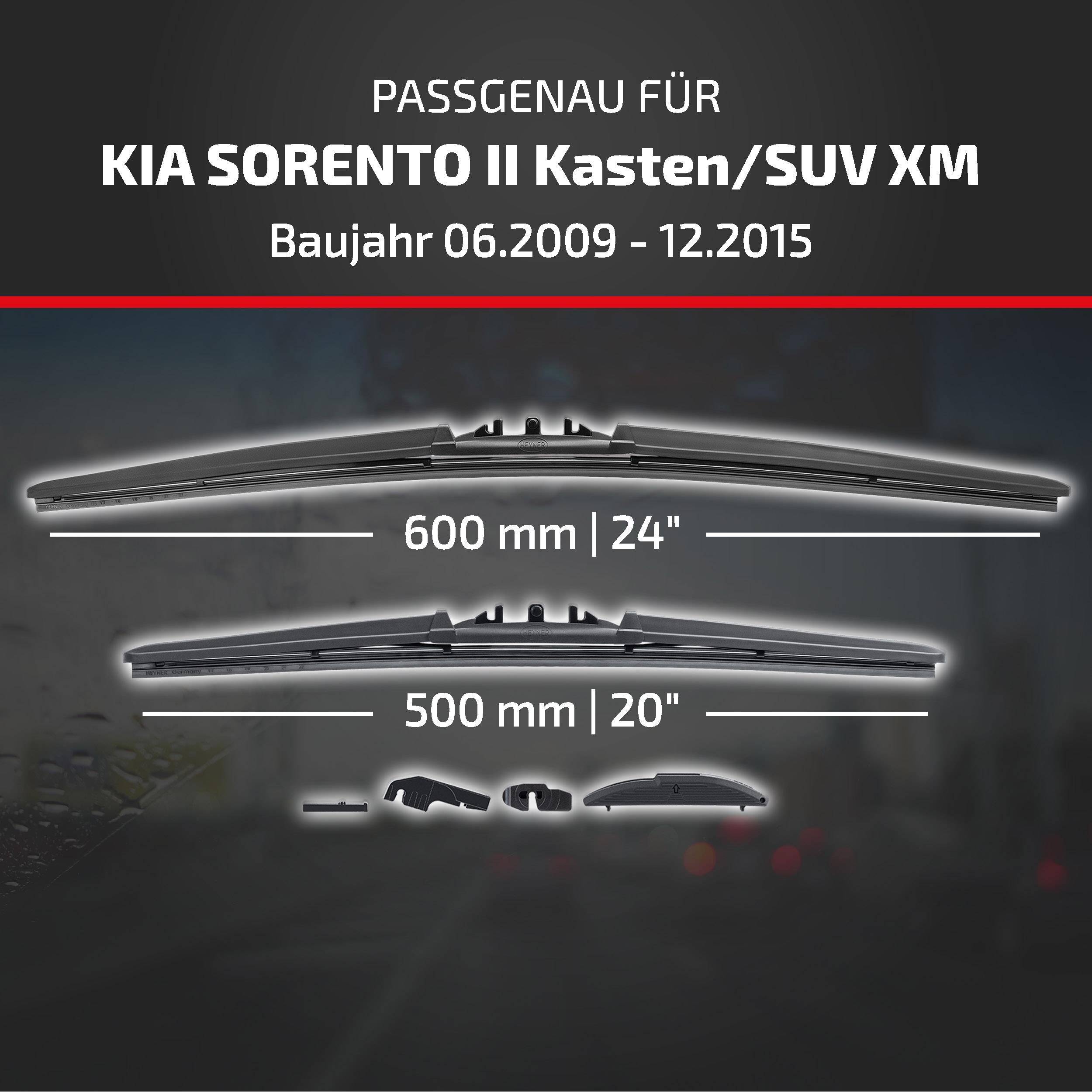 Werbung für Scheibenwischer, kompatibel mit Kia Sorento II Kasten/SUV XM, Modelljahre 06.2009–12.2015, mit den Größen 600 mm (24') und 500 mm (20').