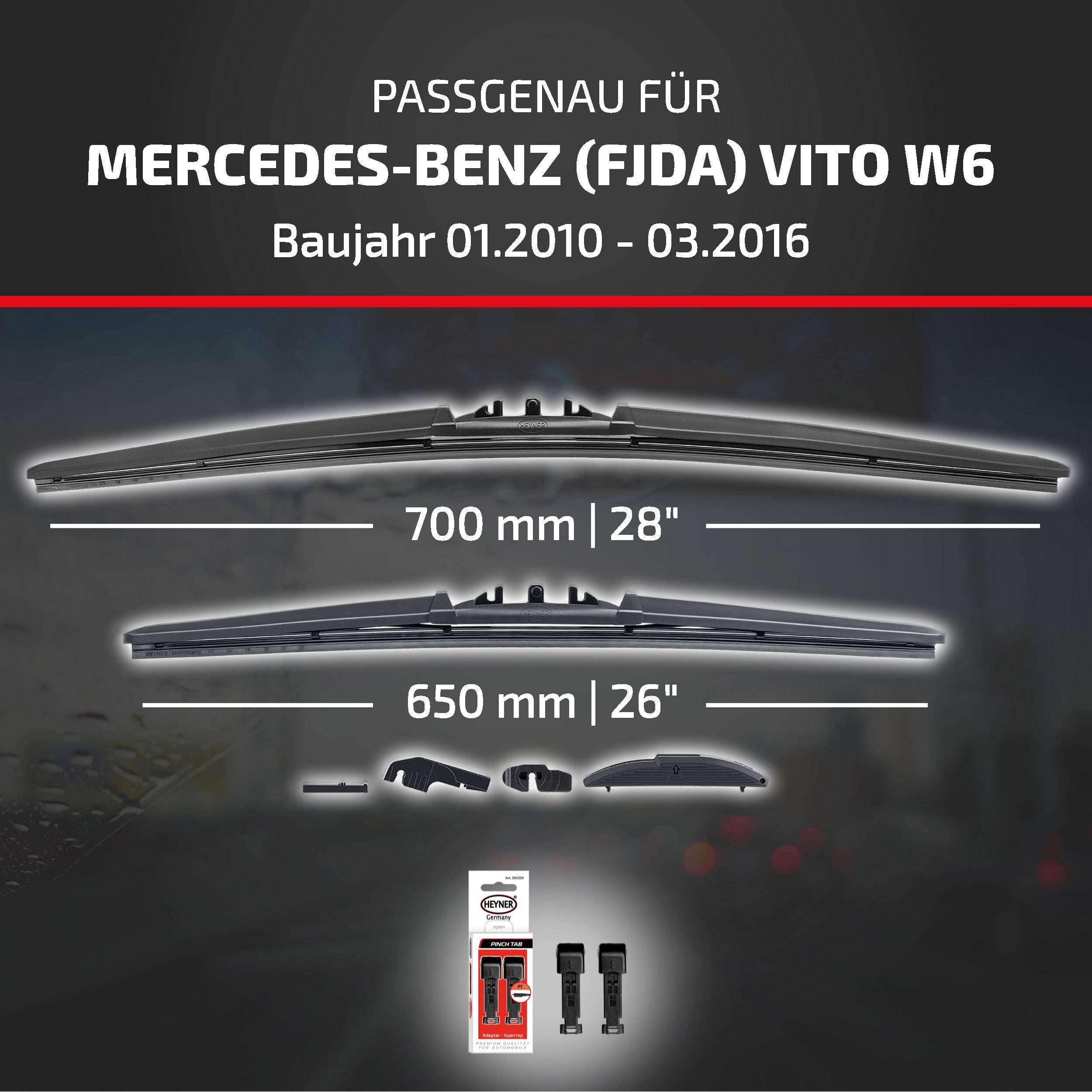 Produktgrafik zeigt Scheibenwischer für Mercedes-Benz (FJDA) Vito W6, Modelljahre 01.2010–03.2016, mit Größen 700 mm und 650 mm und im Lieferumfang enthaltenen Adaptern.