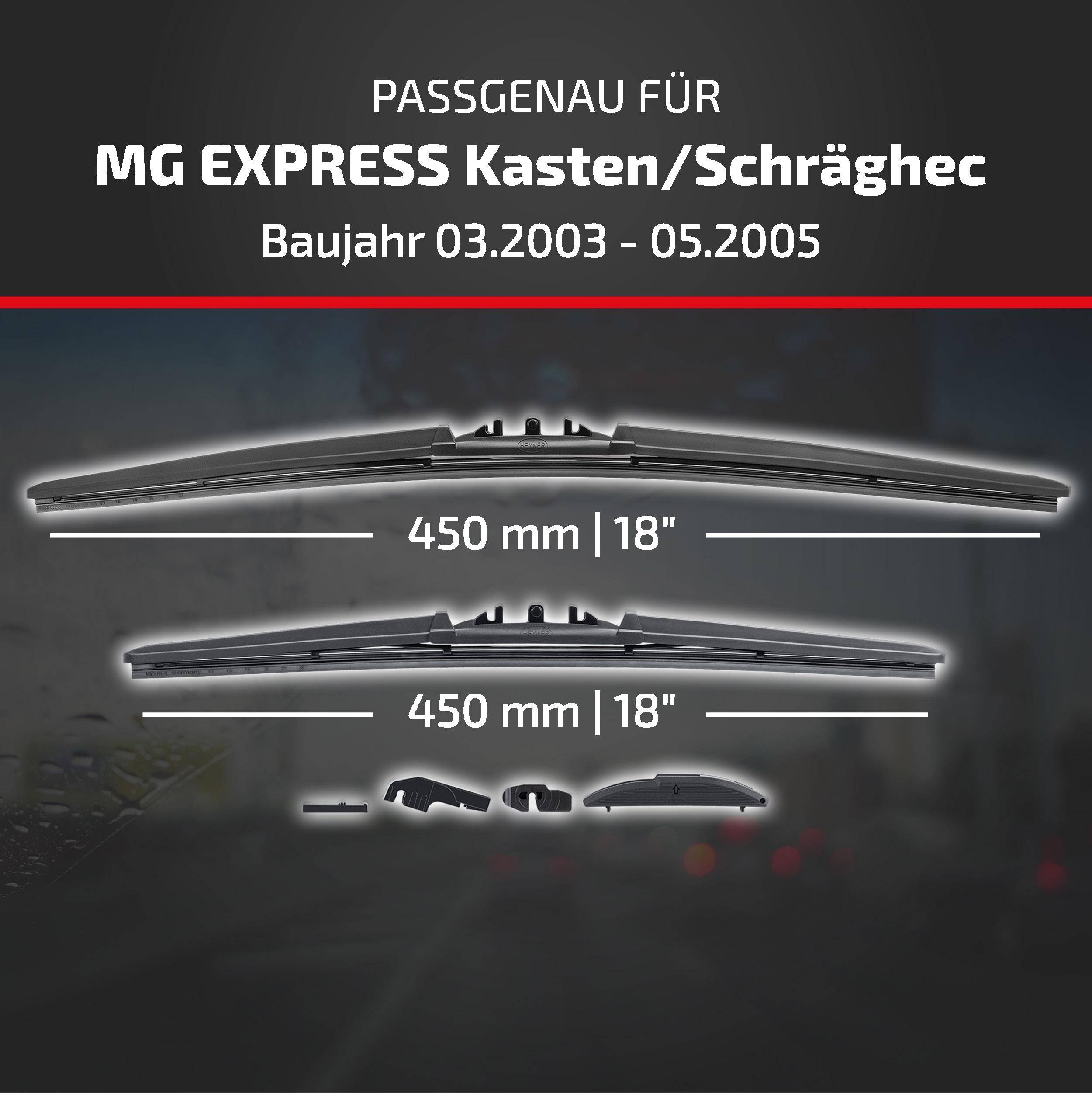 Kompatibilitätsgrafik für MG Express Box/Kombi, Modelljahre 03.2003–05.2005, mit zwei Scheibenwischblättern, jeweils 450 mm (18) lang.