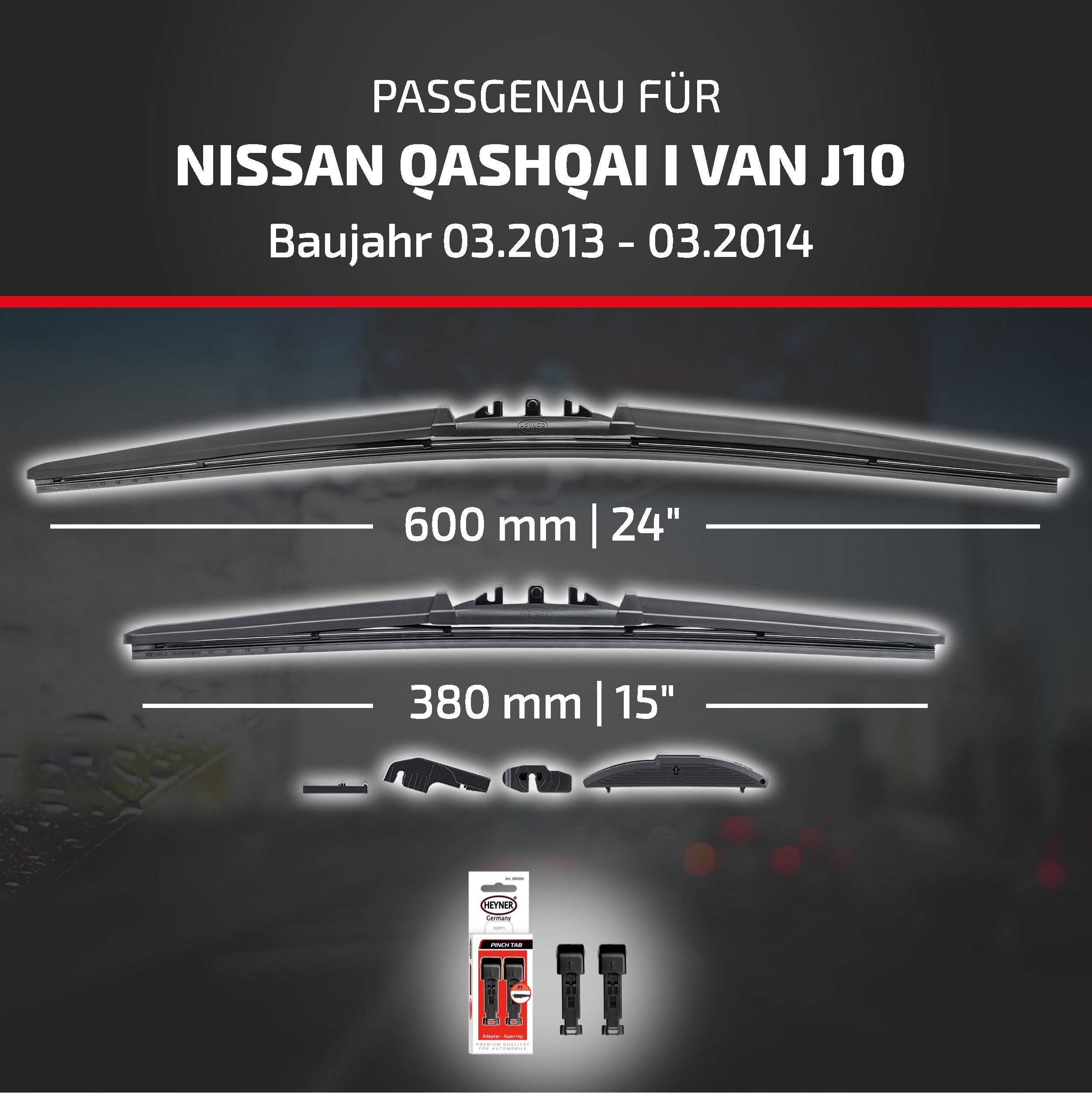 Produktgrafik zeigt Scheibenwischer für Nissan Qashqai I Van J10, kompatibel mit 03.2013-03.2014; Größen 600 mm (24