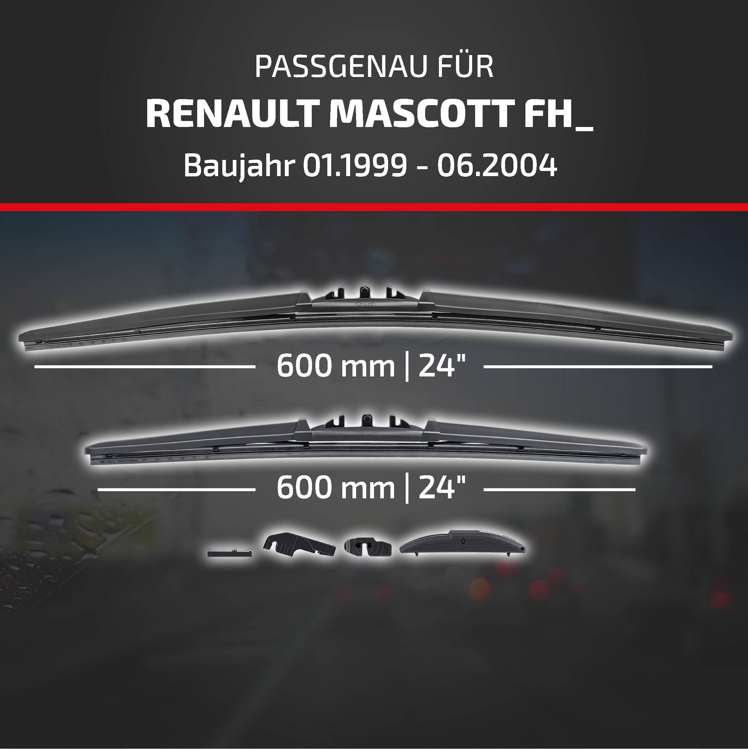 Abbildung zeigt Scheibenwischerblätter geeignet für Renault Mascott FH, Modelljahre 01.1999–06.2004, beide 600 mm (24