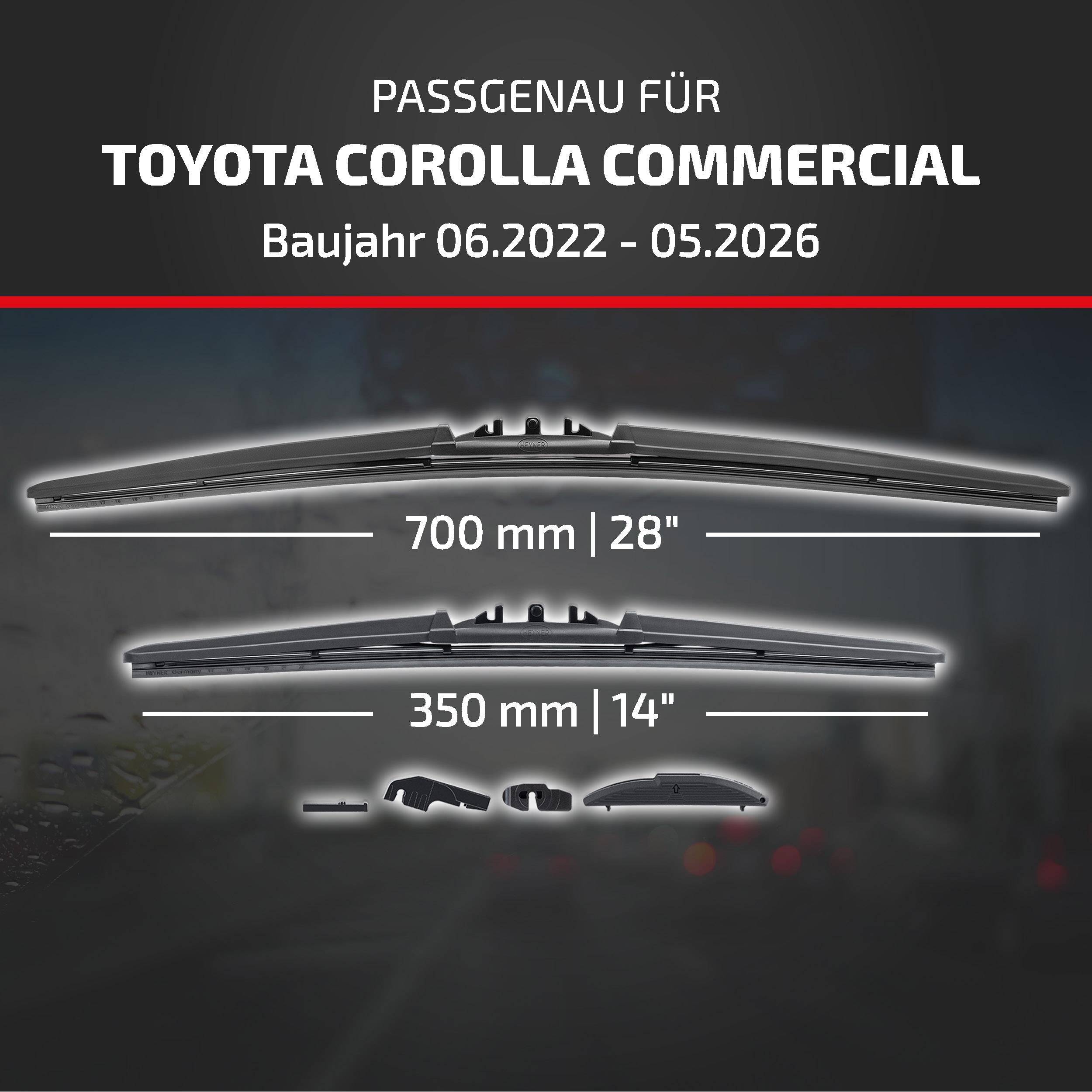 Die Anzeige besagt, dass es mit Toyota Corolla Commercial, Modelljahre 06.2022-05.2026 kompatibel ist und zeigt Scheibenwipergrößen von 700 mm (28