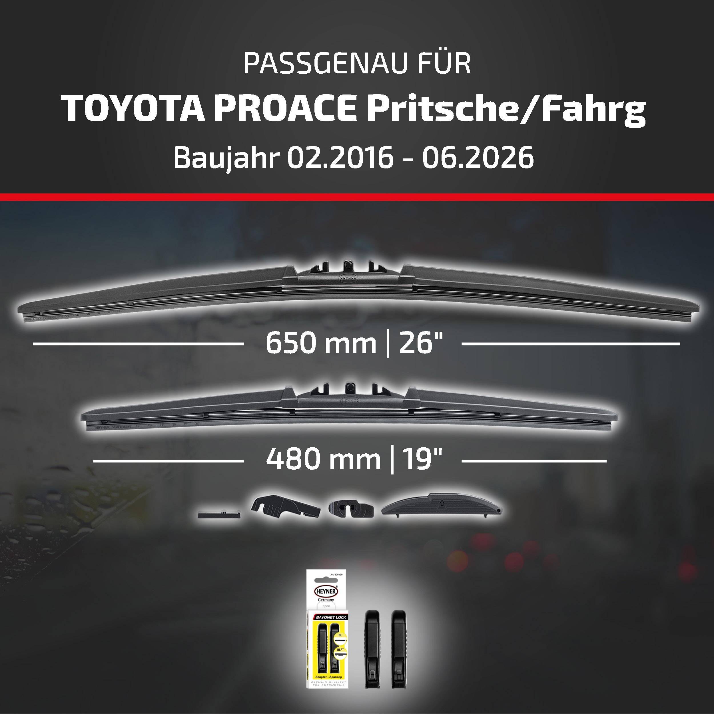Einbauanleitung für Toyota ProAce Pickup/Kastenwagen, Modelljahre 02.2016–06.2026, mit kompatiblen Scheibenwischergröße 650 mm (26