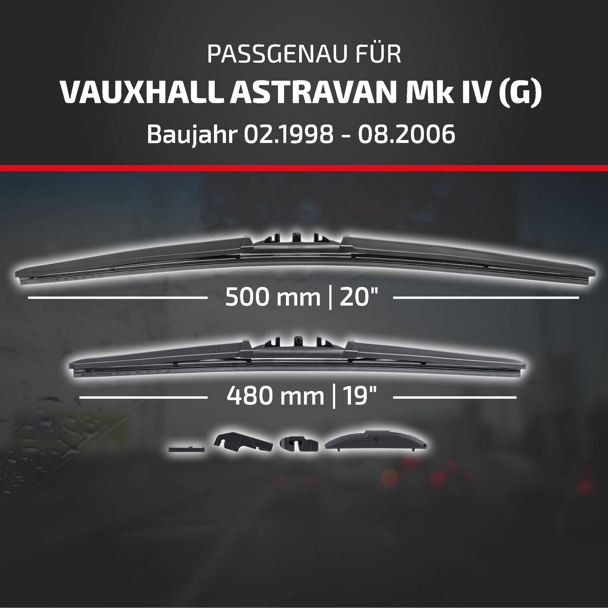 Kompatibilitätsgrafik für Vauxhall Astravan Mk IV (G), Modelljahre 02/1998-08/2006, mit Scheibenwischerlängen 500 mm (20
