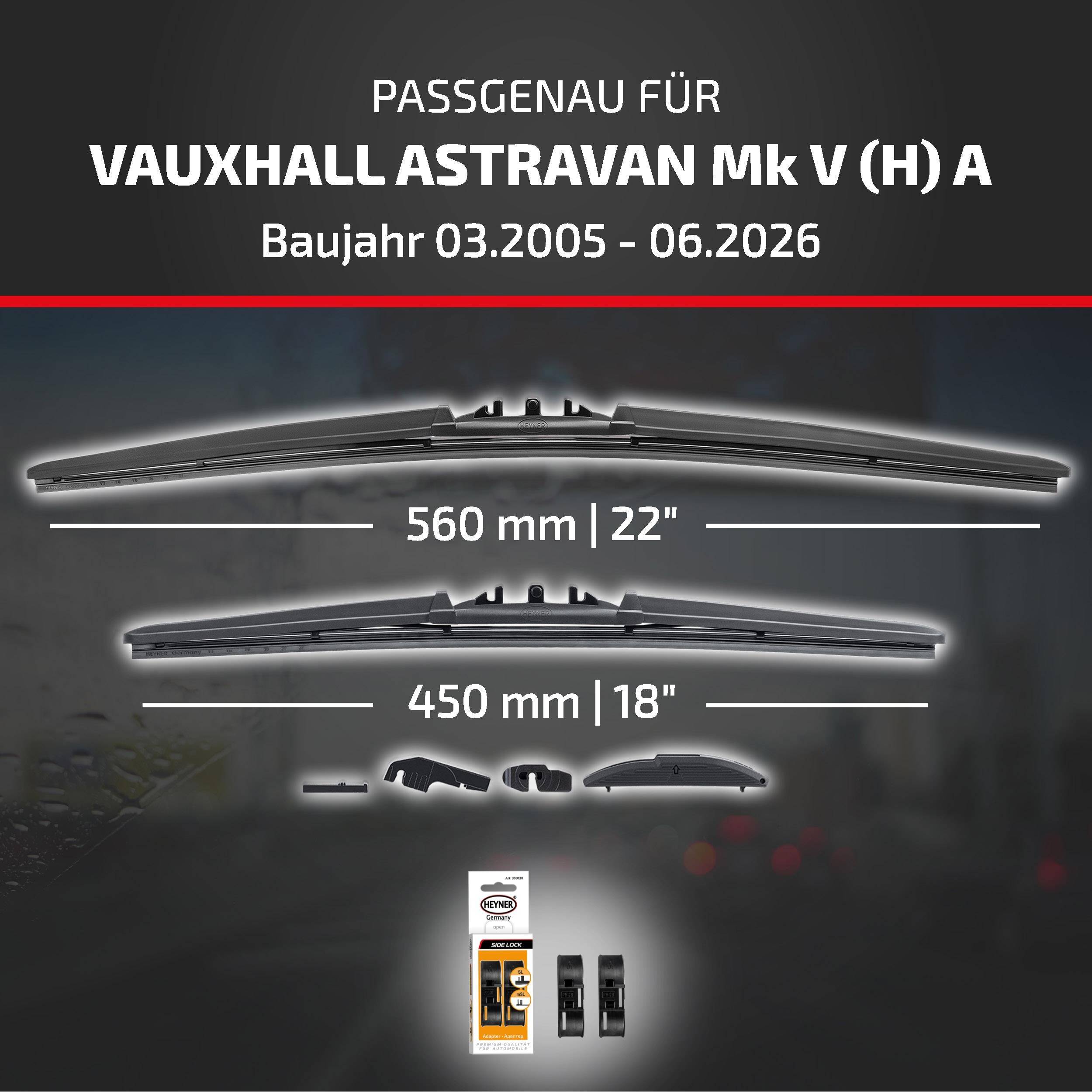 Anzeige für Scheibenwischer kompatibel mit 'Vauxhall Astra Van Mk V (H) A', Modelljahre 03.2005–06.2026; zeigt Blattlängen von 560 mm und 450 mm mit im Lieferumfang enthaltenen Adaptern.