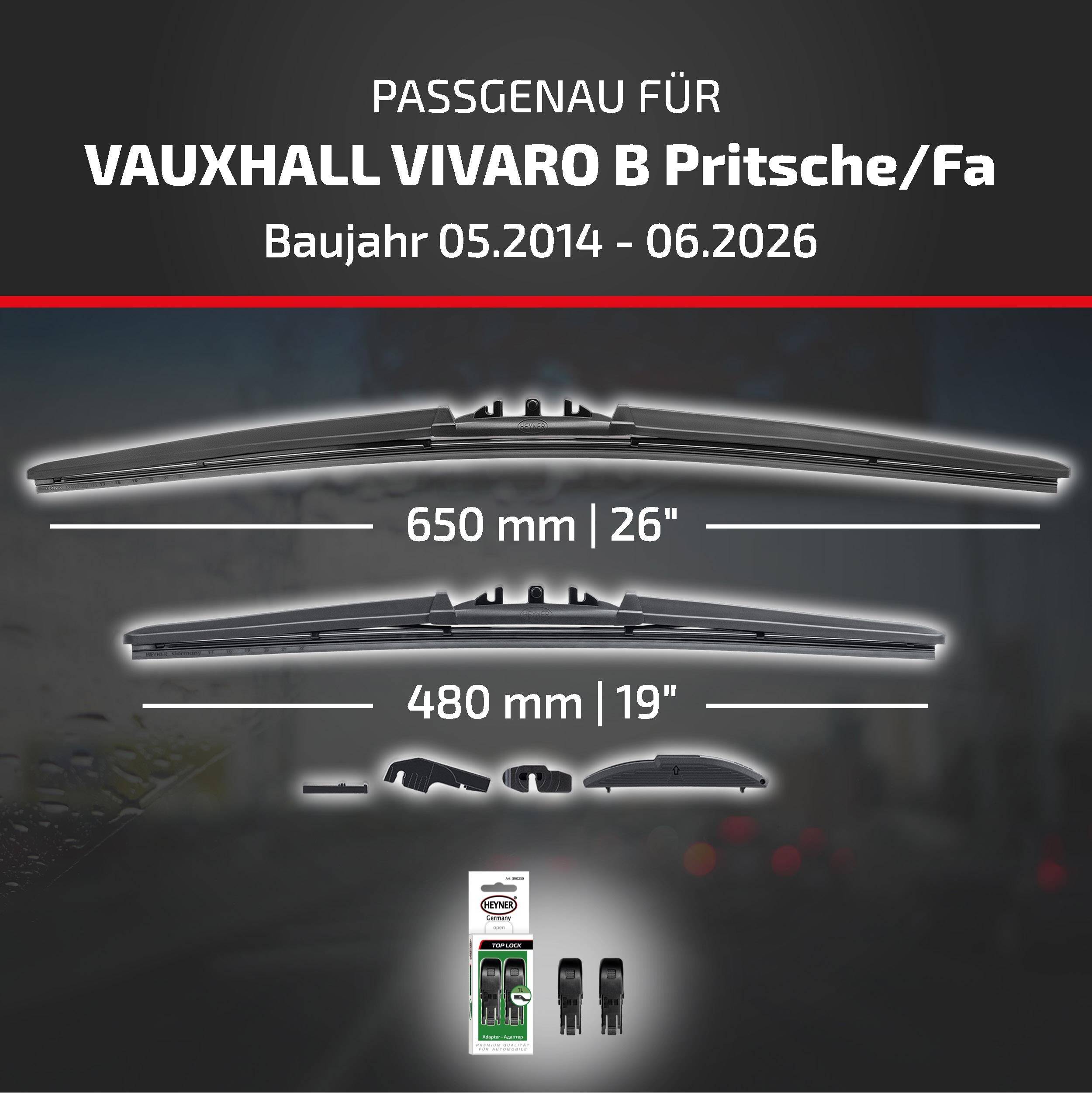 Produktgrafik für VAUXHALL VIVARO B Pritsche/Fa, Modelljahre 05.2014-06.2026, zeigt Scheibenwischergröße 650 mm (26
