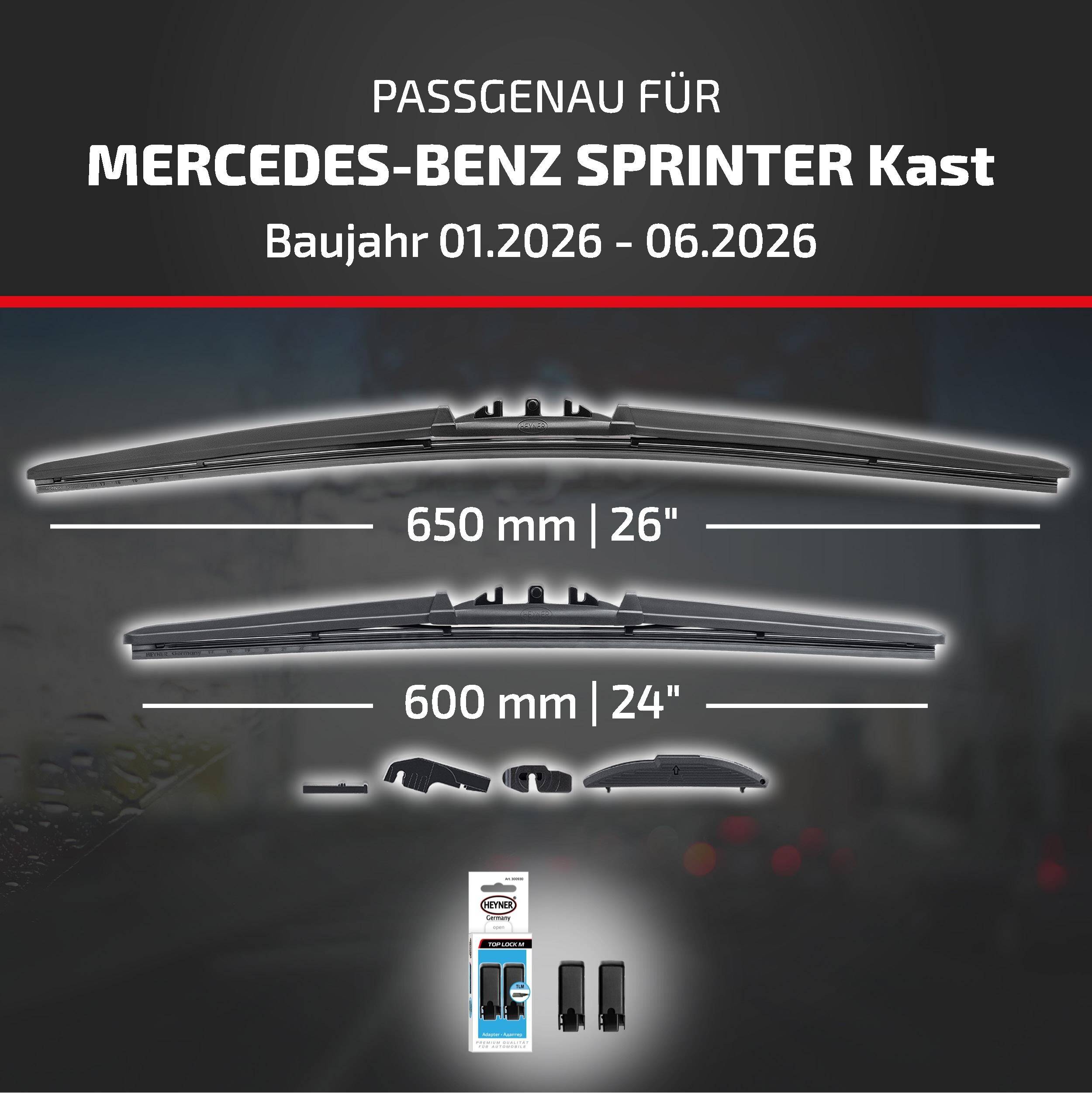 Kompatibilitätsgrafik für Mercedes-Benz Sprinter-Transporter, Modelljahre 01.2026-06.2026, zeigt Wischblattrößen 650 mm (26
