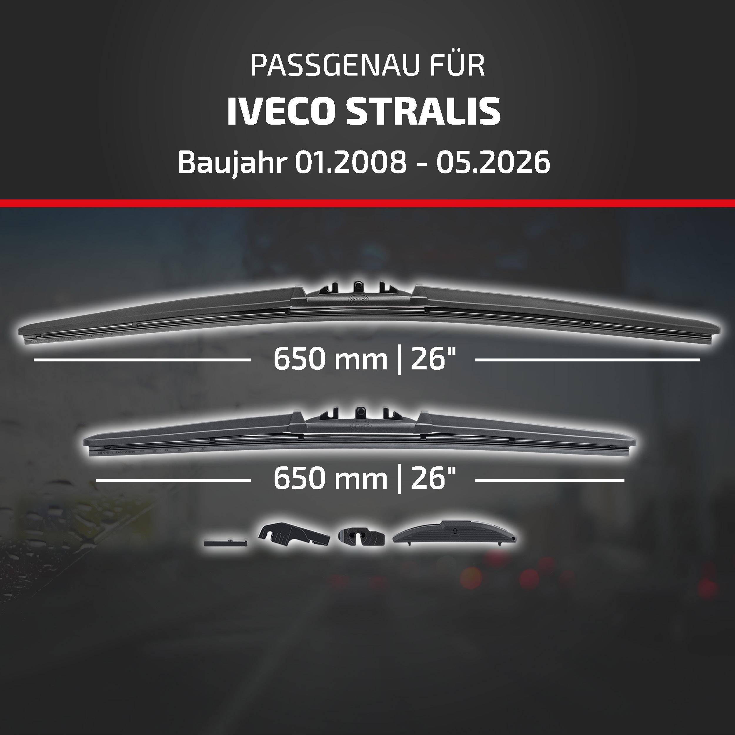 Deutsche Anzeige mit Wischerblättern kompatibel mit Iveco Stralis, Modelljahre 01.2008–05.2026; zwei 650 mm/26 Zoll Blätter angezeigt.