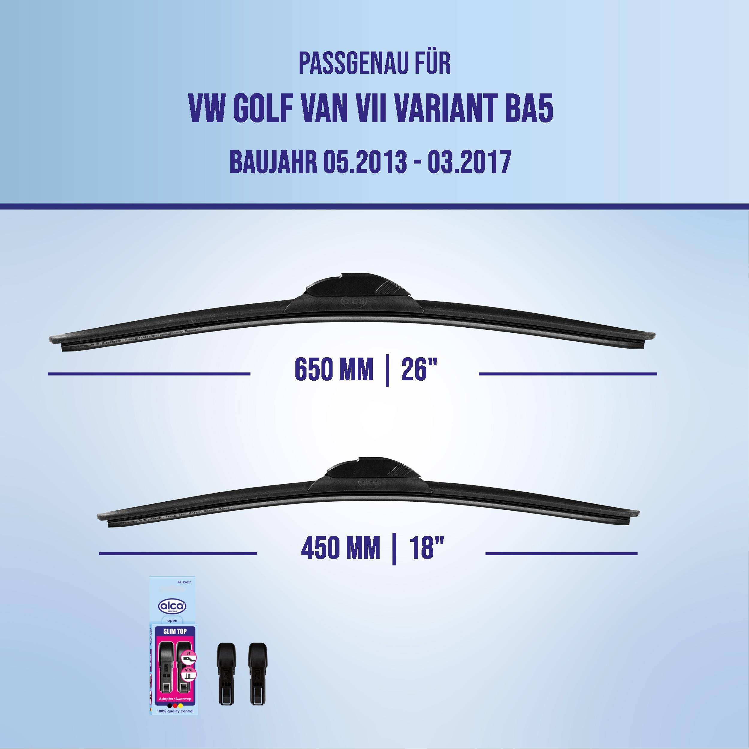 Kompatibilitätstabelle für VW Golf Van VII Variant BA5 (05.2013-03.2017) mit Wischblattgrößen 650 mm/26