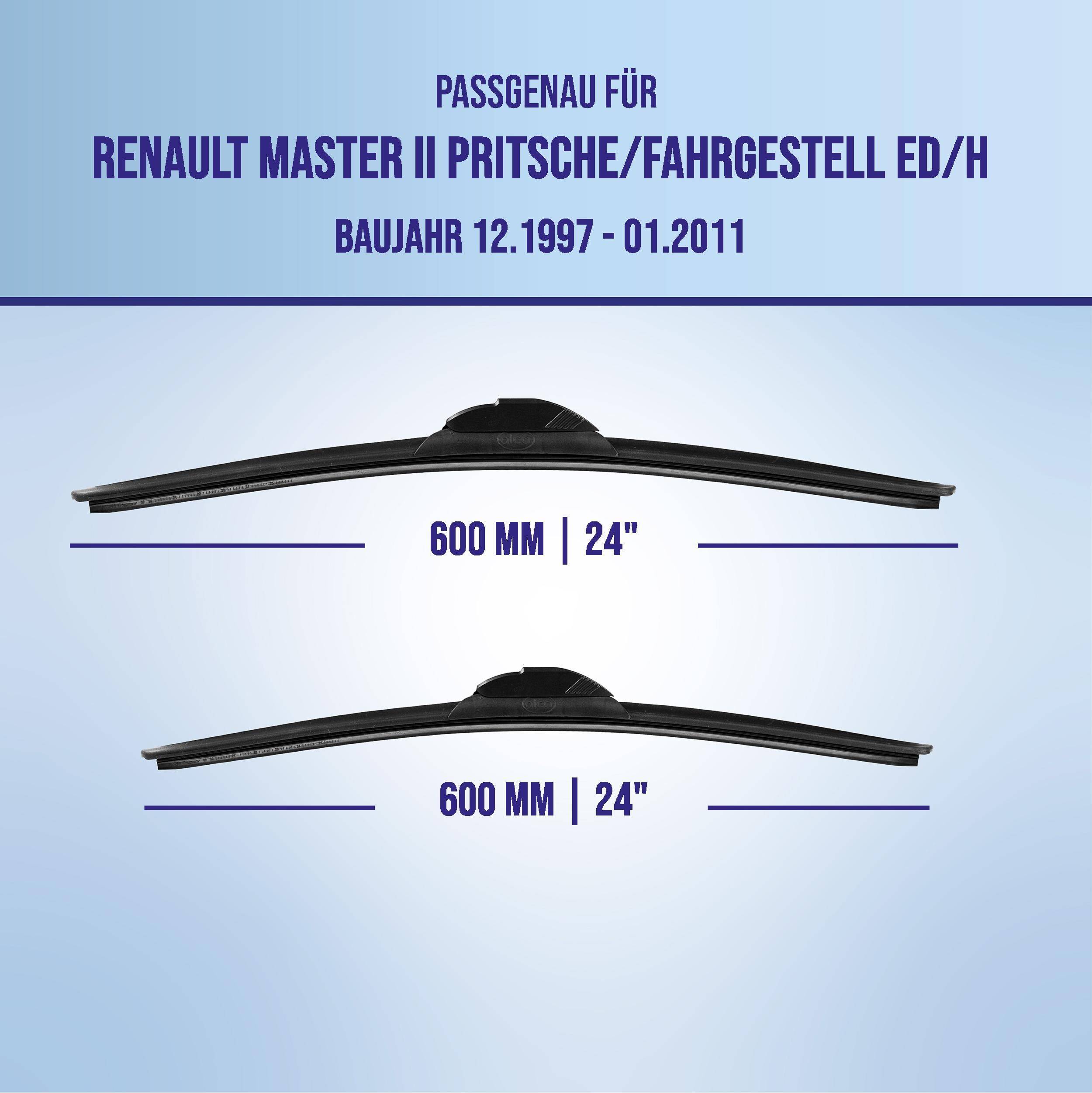 Grafik zeigt die Scheibenwischer-Montage für Renault Master II Transporter/Fahrgestellkabine, Modelljahre 12/1997–01/2011, beide Blätter 600 mm (24