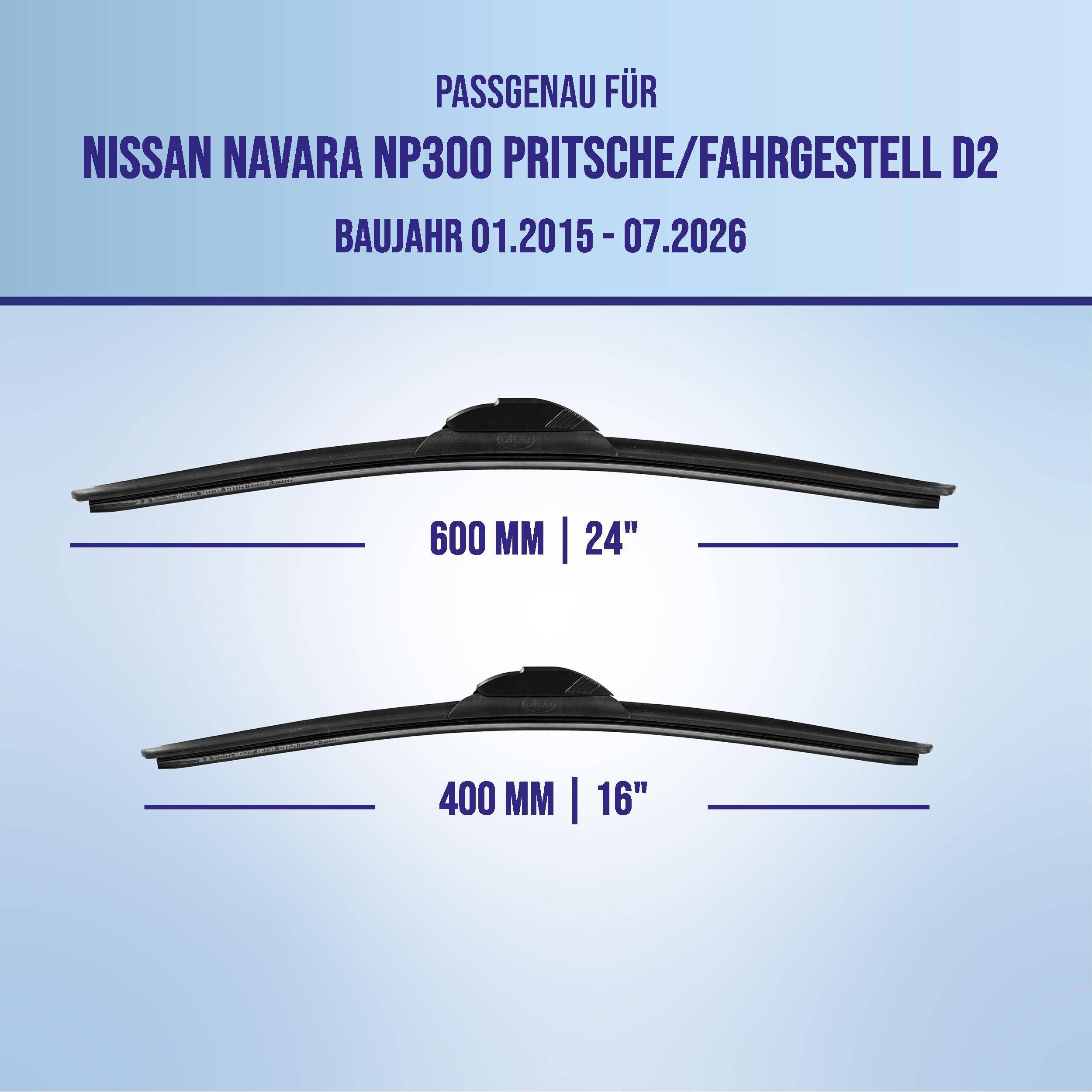 Kompatibilitätsgrafik für Nissan Navara NP300 Pritsche/Fahrgestell D2, Modelljahre 01.2015-07.2026, mit Wischergröße 600 mm (24