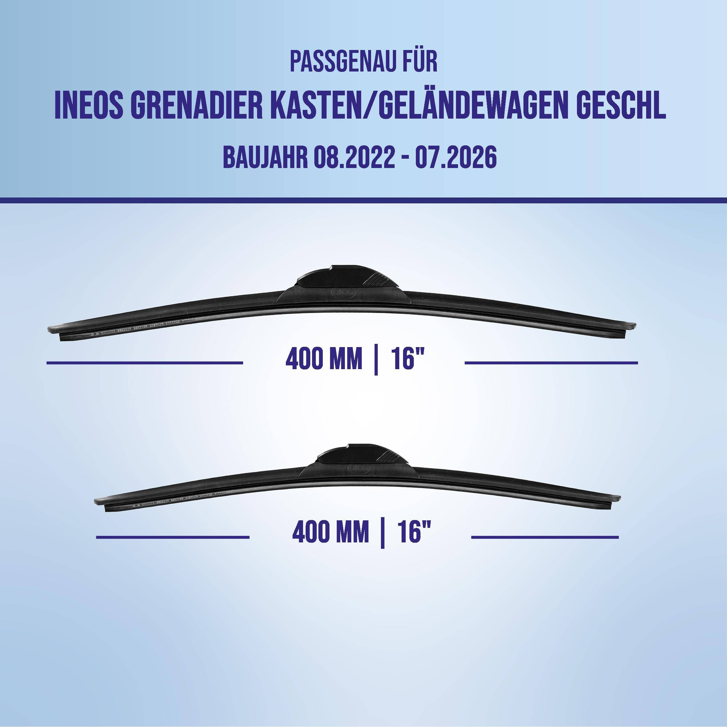 Die Anzeige zeigt zwei Scheibenwischer für den INEOS Grenadier, gekennzeichnet als „passgenau