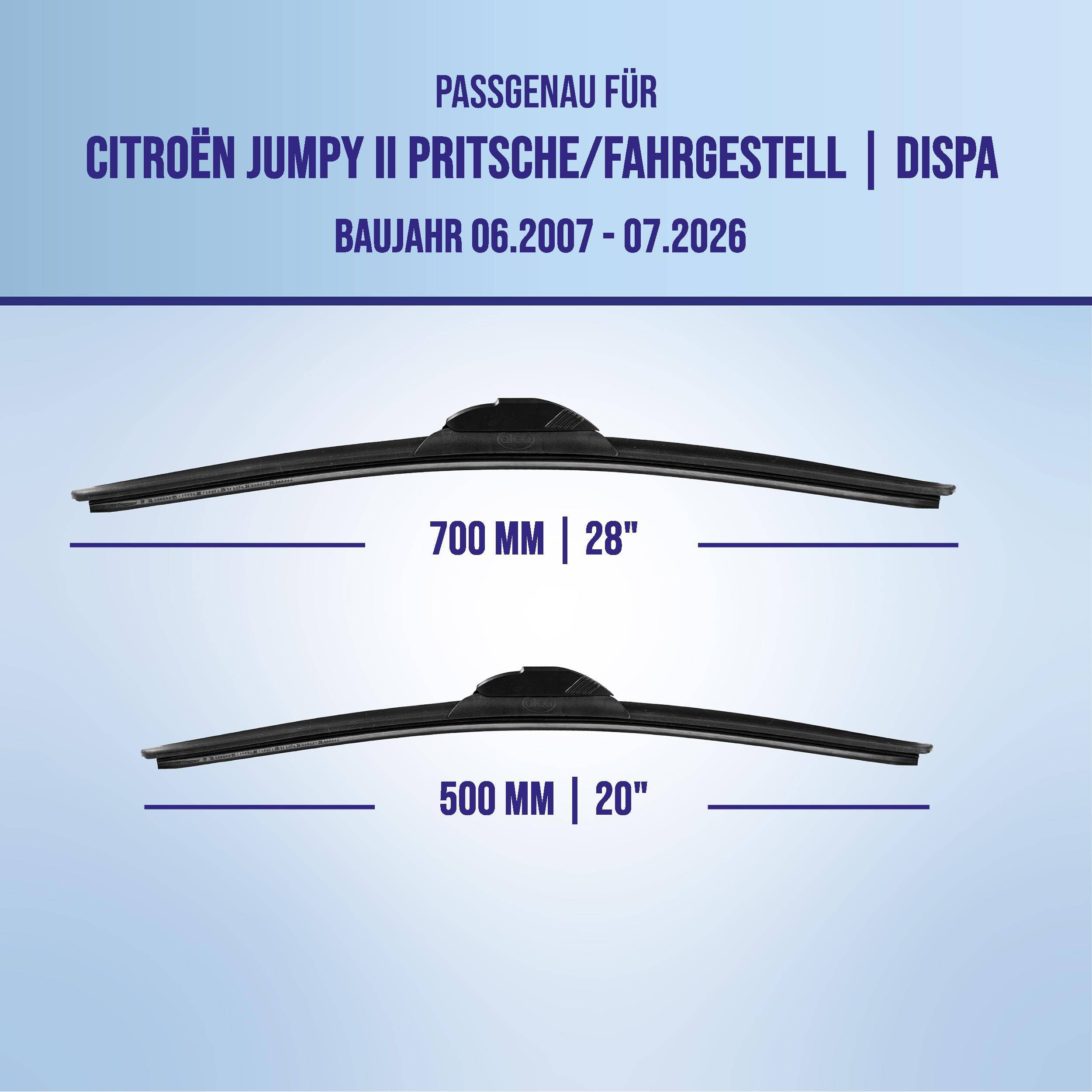 Diagramm, das kompatible Wischblätter für Citroën Jumpy II Transporter zeigt: 700 mm (28