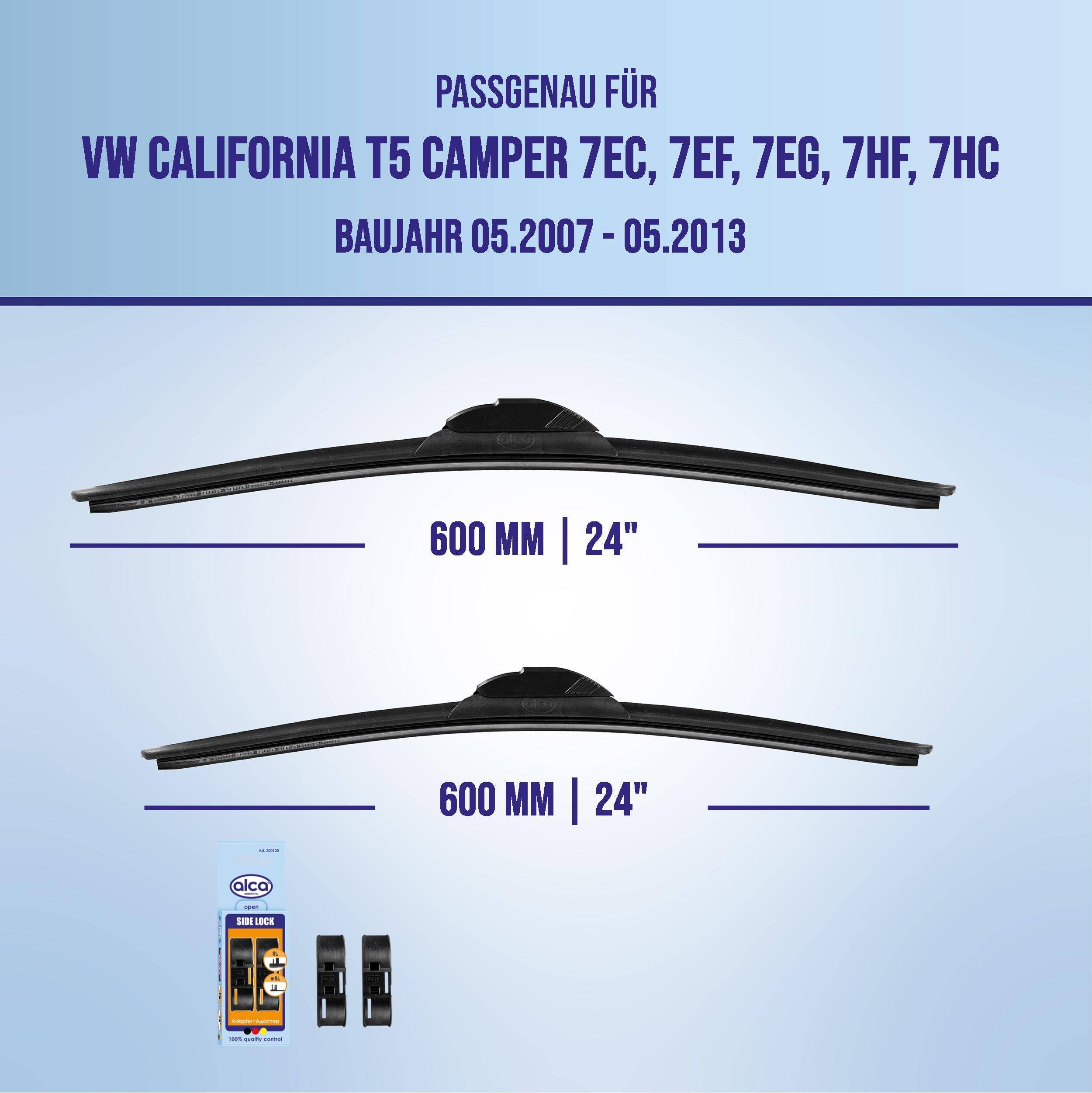 Kompatibilitätsgrafik für VW California T5 Camper 7EC/7EF/7EG/7HF/7HC, Baujahre 05.2007-05.2013, zeigt zwei 600 mm (24 Zoll) Wischblätter und enthaltene Adapter.