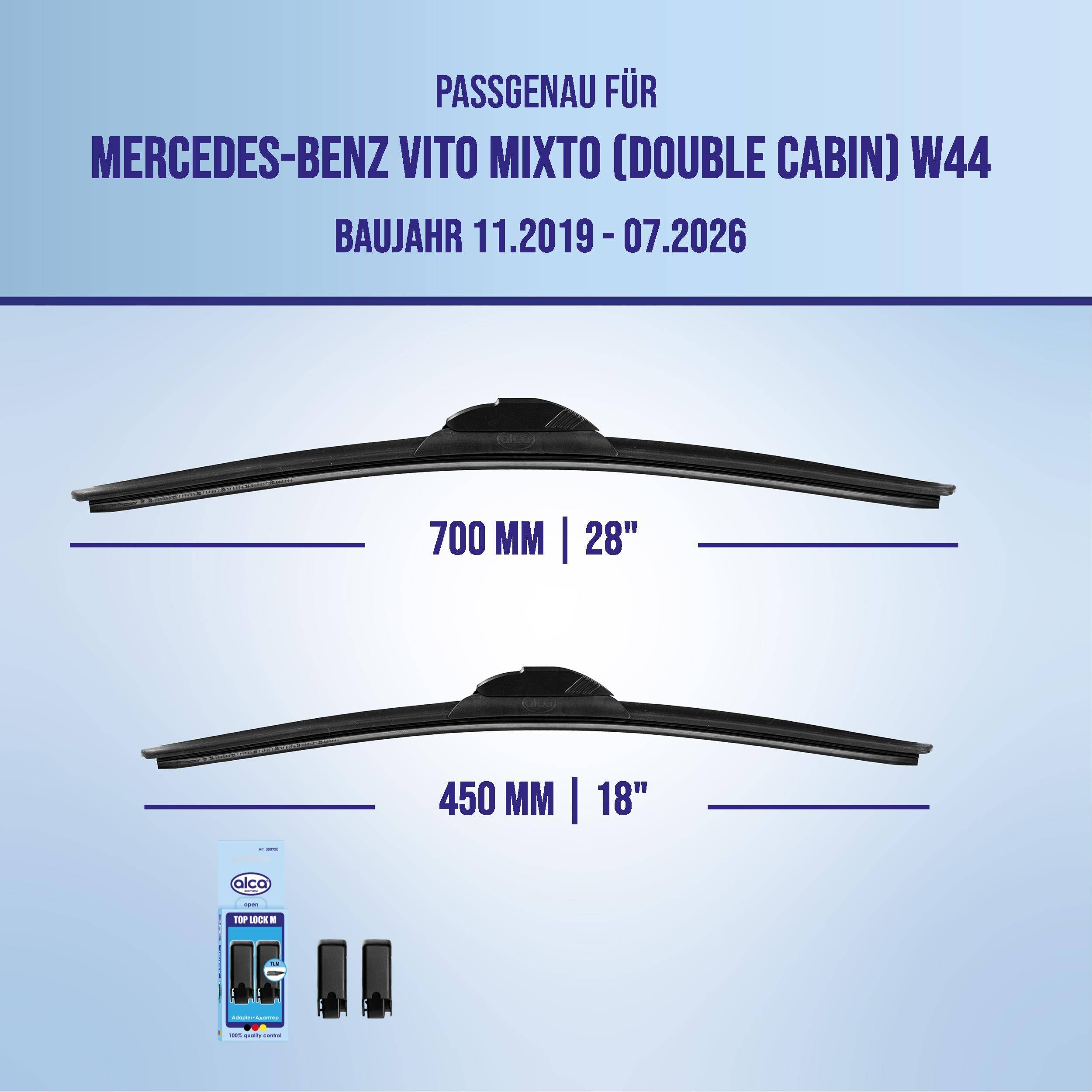 Kompatibilitätsgrafik mit Scheibenwischergröße für Mercedes-Benz Vito Mixto Doppelkabine W44, Modelljahre 11/2019-07/2026: 700 mm und 450 mm.