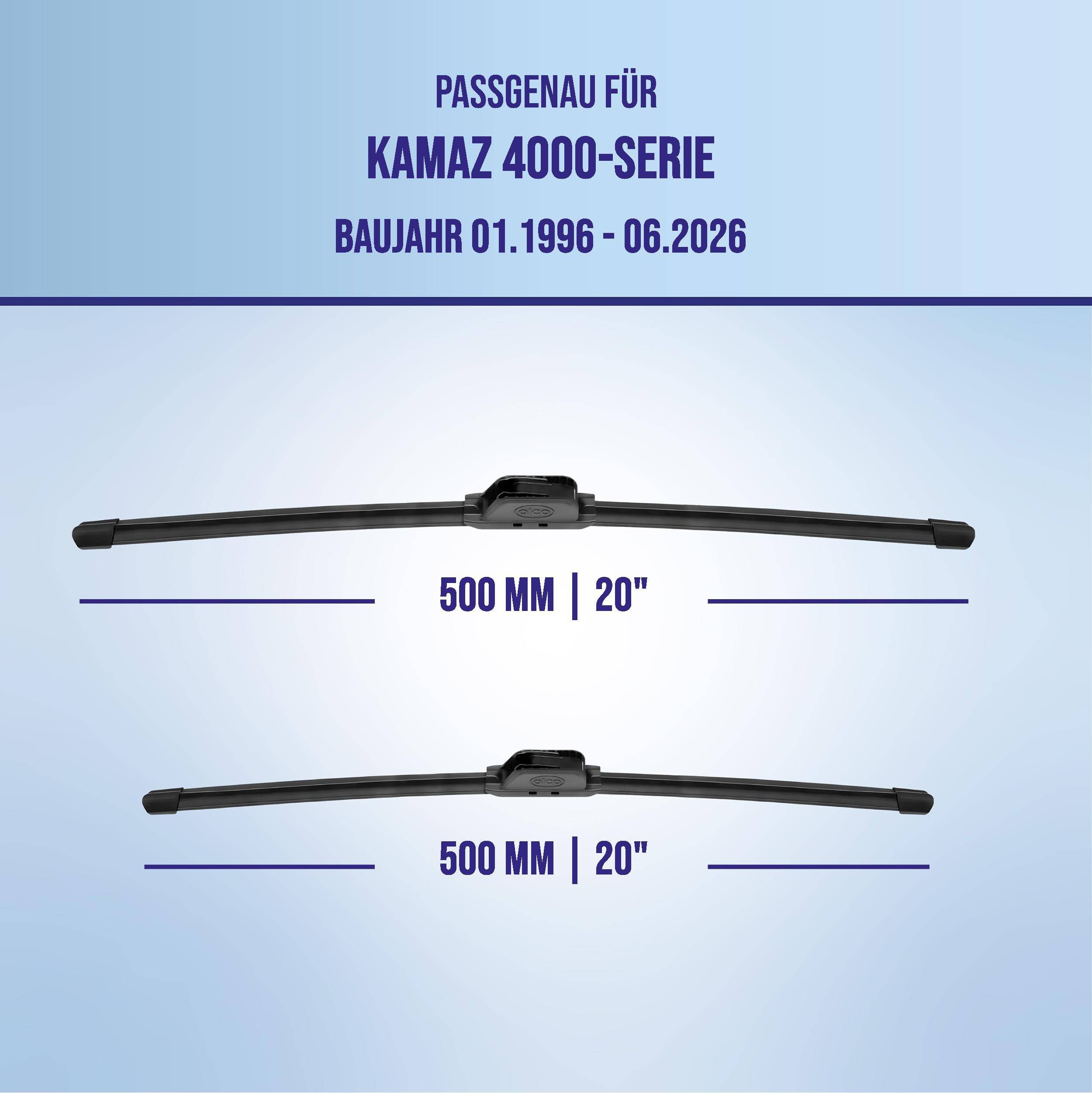 Grafik zeigt kompatible Scheibenwischer für KAMAZ 4000 Serie, Modelljahre 01.1996-06.2026, beide in der Größe 500 mm (20