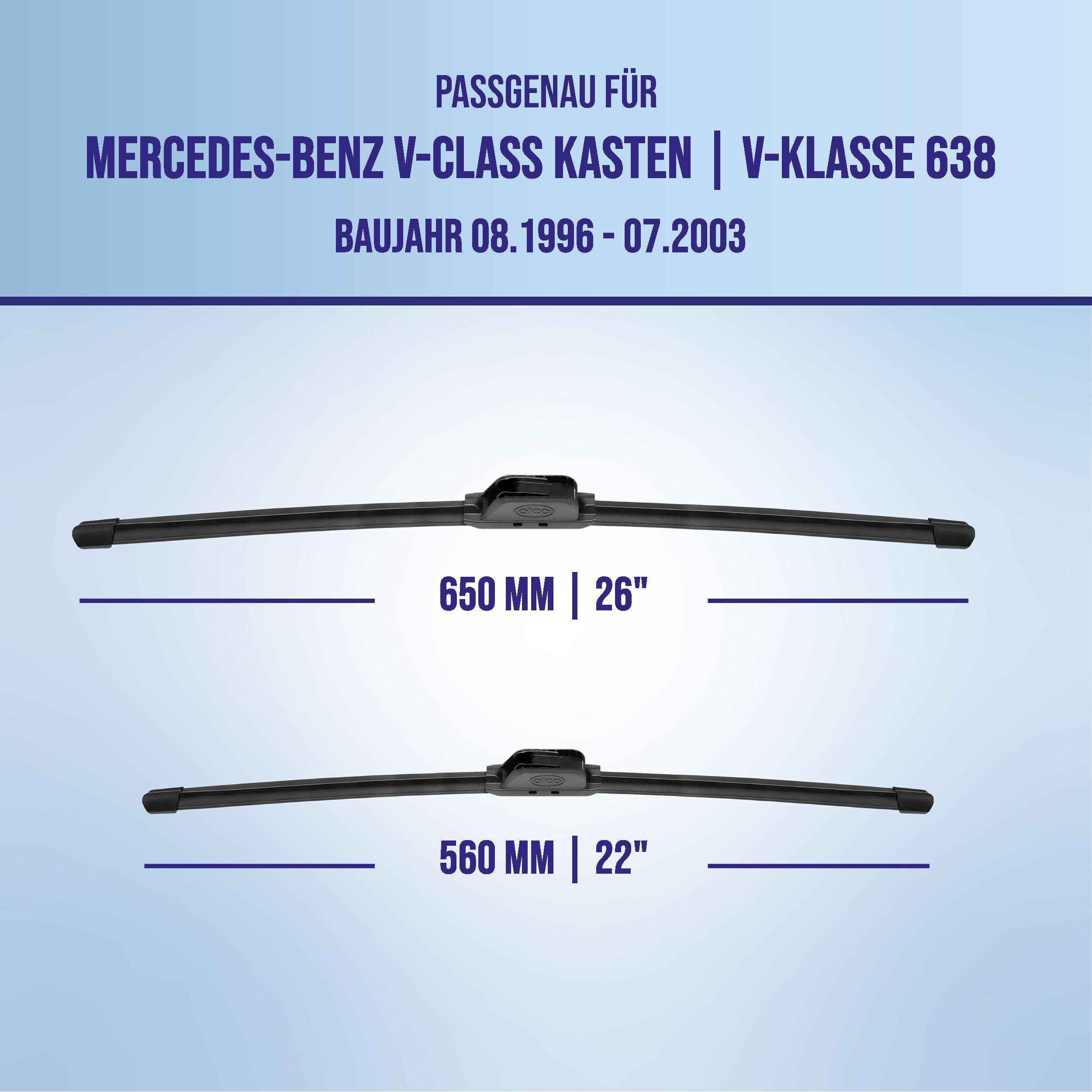 Kompatibilitätstabelle für Mercedes-Benz V-Klasse/V-Klasse 638 (1996-2003) mit Wischblattkenngrößen: 650 mm (26