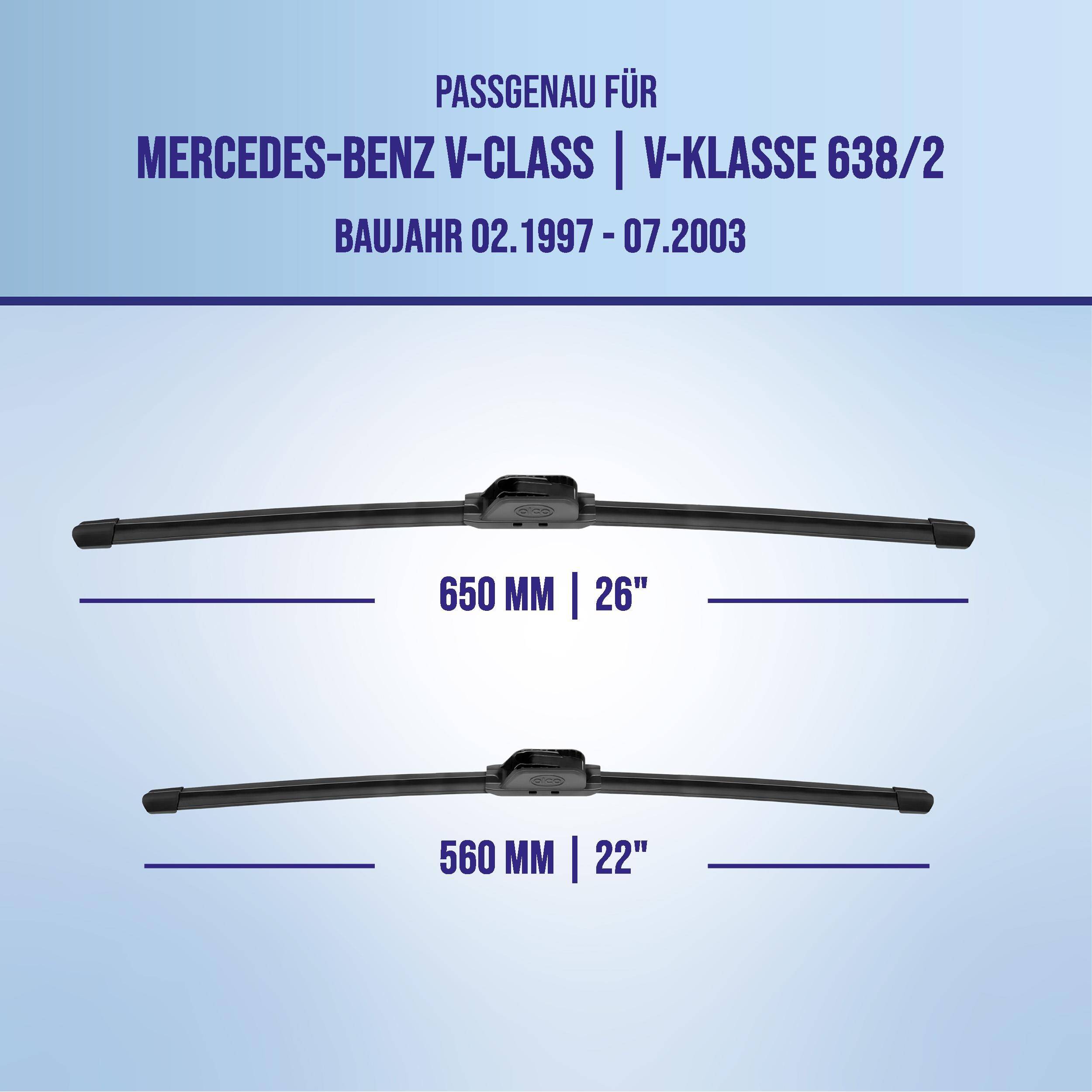 Infografik zeigt Scheibenwischer für Mercedes-Benz V-Klasse/V-Class 638/2, Modelljahre 02.1997-07.2003, mit Größen 650 mm (26