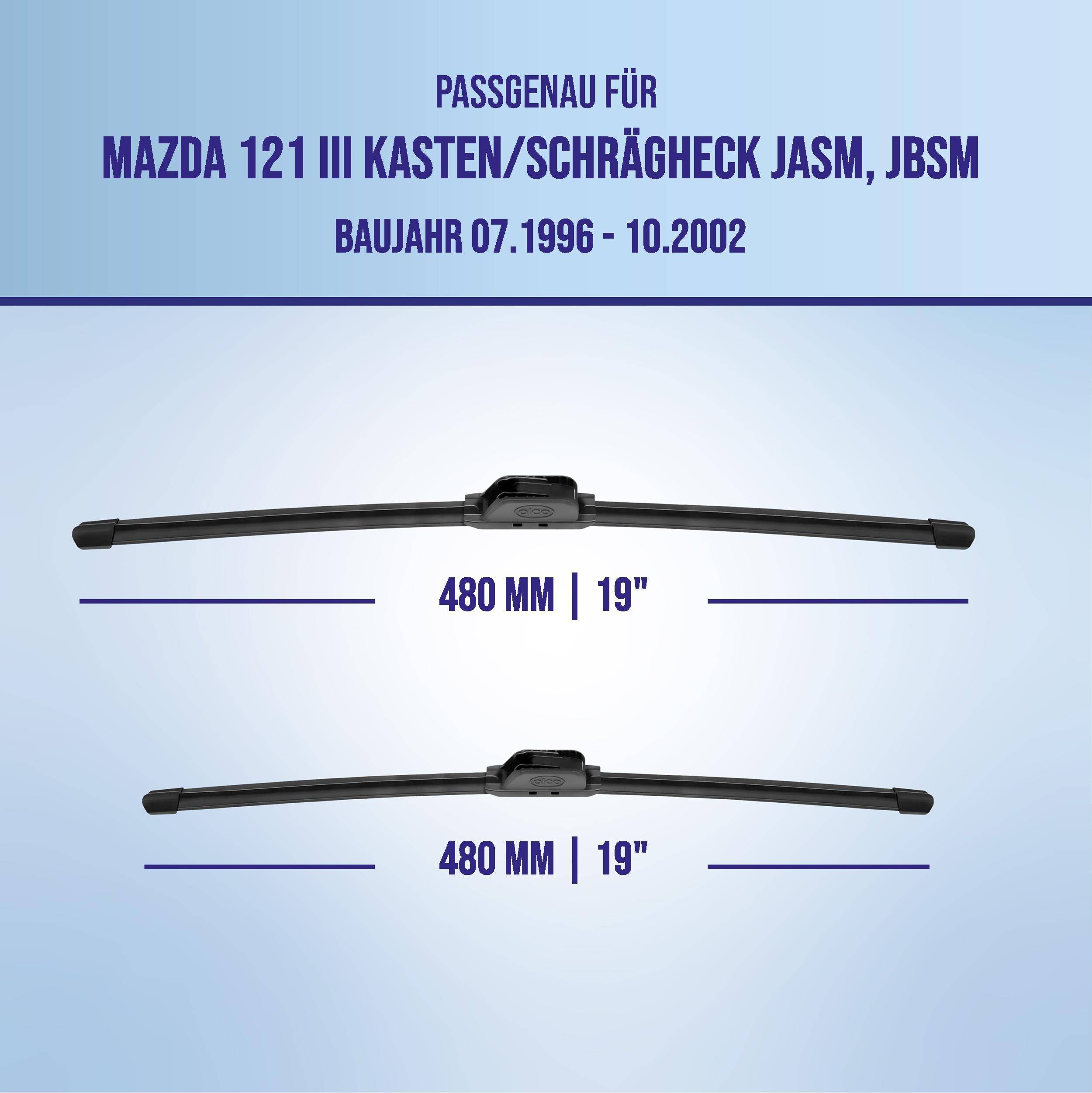Kompatibilitätsgrafik für Mazda 121 III Schrägheck (1996-2002) mit zwei 480 mm (19) Scheibenwischern.