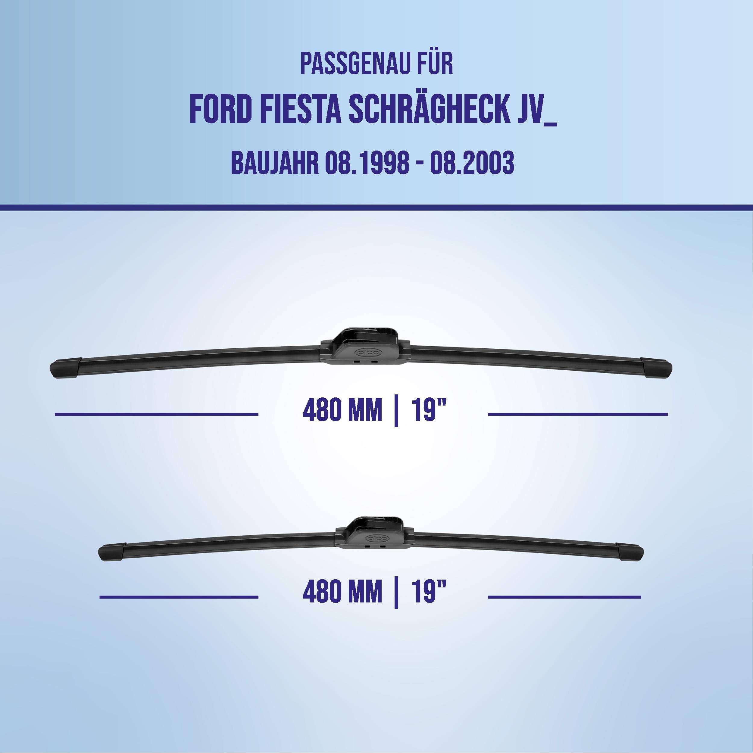 Kompatibilitätsgrafik für Ford Fiesta Schrägheck JV, Modelljahre 08/1998-08/2003, zeigt zwei 480 mm (19