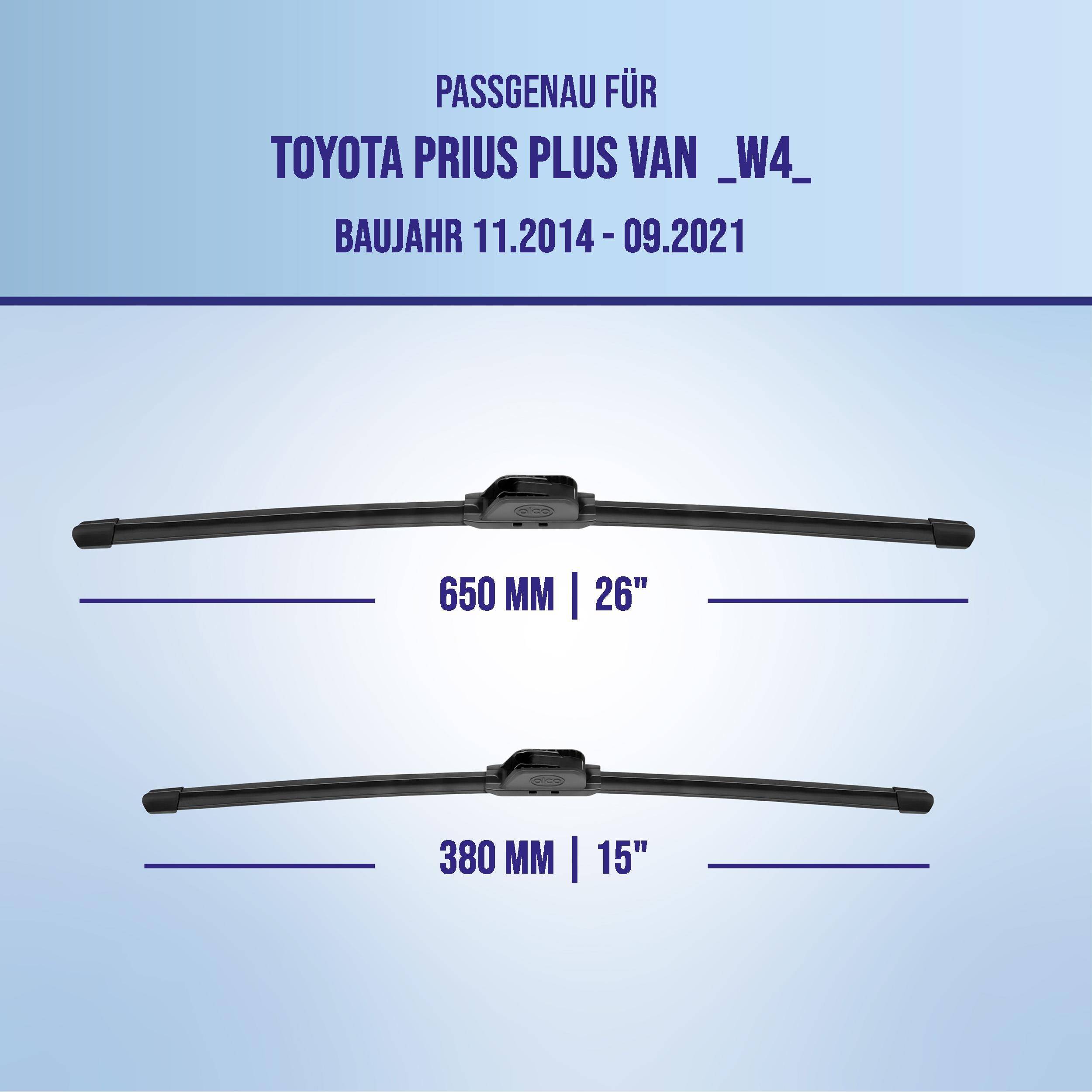 Kompatibilitätsgrafik für Toyota Prius Plus Van _W4_ (Modelljahre 11/2014-09/2021) mit zwei Scheibenwischern: 650 mm (26