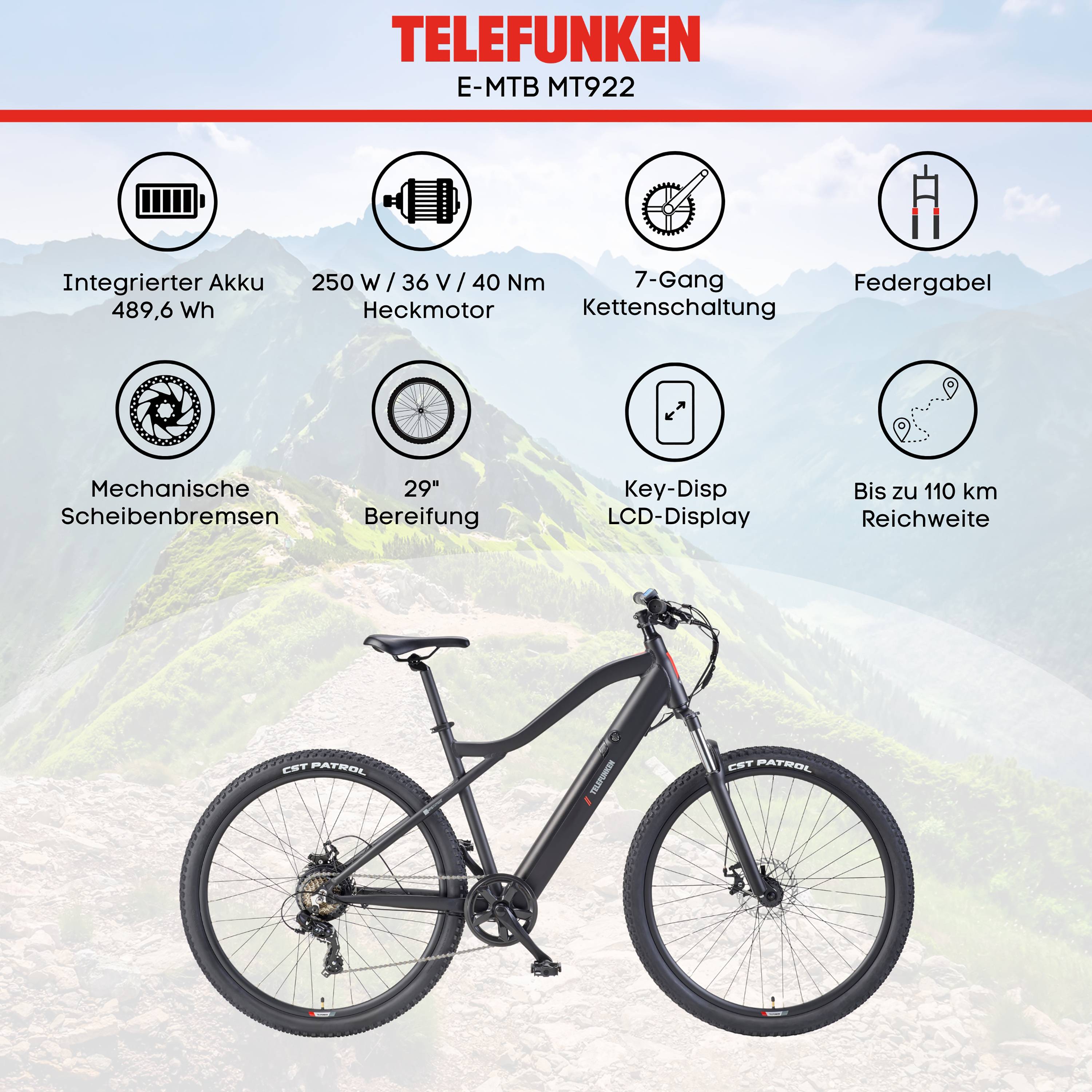 Telefunken MTB E-Bike Mountainbike | Elektrofahrrad 29 Zoll | Kettenschaltung | Heckmotor | 489,6 Wh Akku | EBike Pedelec