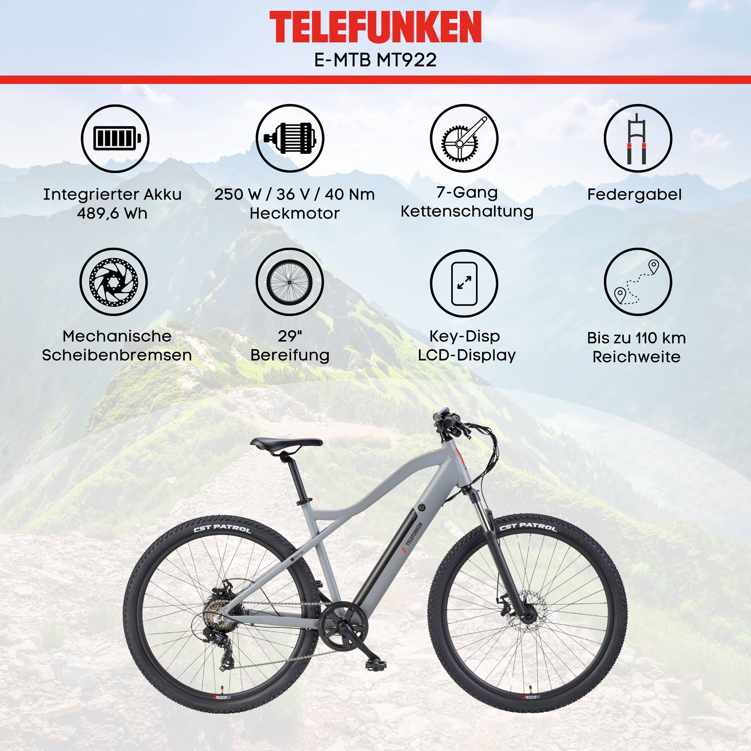 Telefunken MTB E-Bike Mountainbike | Elektrofahrrad 29 Zoll | Kettenschaltung | Heckmotor | 489,6 Wh Akku | EBike Pedelec