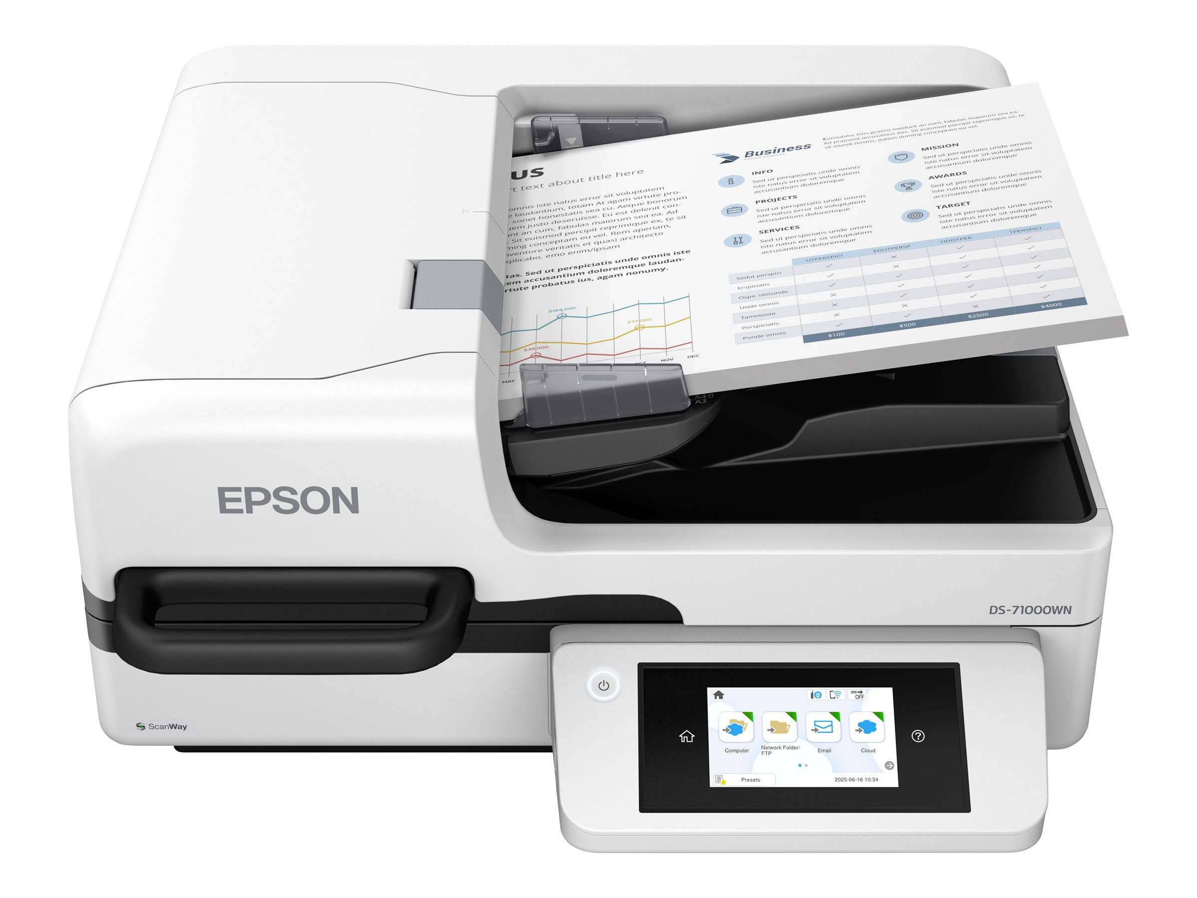Weißer Epson-Dokumentenscanner mit automatischem Einzug und Touchscreen-Display, scannt einen Papierstapel.
