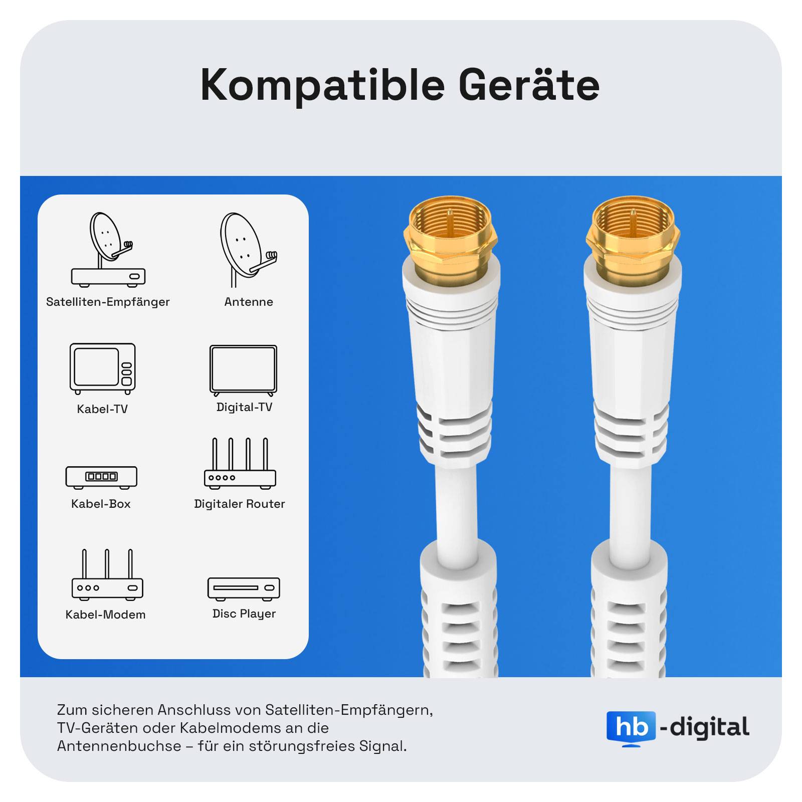 hb-digital 5m SAT Kabel 110dB 4-fach geschirmt mit 2x F-Stecker vergoldet und Ferritkern weiss