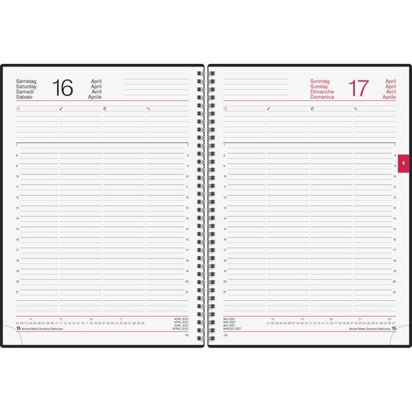 Offene Spiralbindung-Wochenplaner-Doppelseite zeigt Samstag, den 16. und Sonntag, den 17. April mit liniierten Stundenplänen.