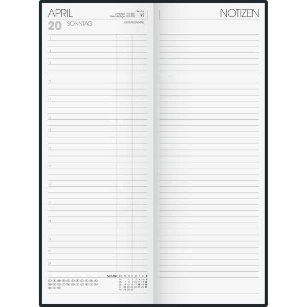 Offener Planer mit Sonntagstermin vom 20. April auf der linken Seite und einer linierten Seite 