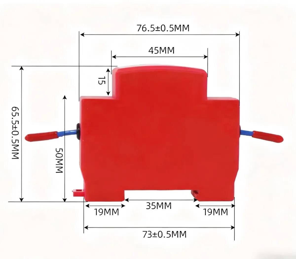 Rotes Kunststoffschalter- oder Ventilgehäuse in Vorderansicht mit Maßangaben: 76,5 mm Breite, 65,5 mm Höhe, 45 mm oberer Bereich, 73 mm Basisbreite.