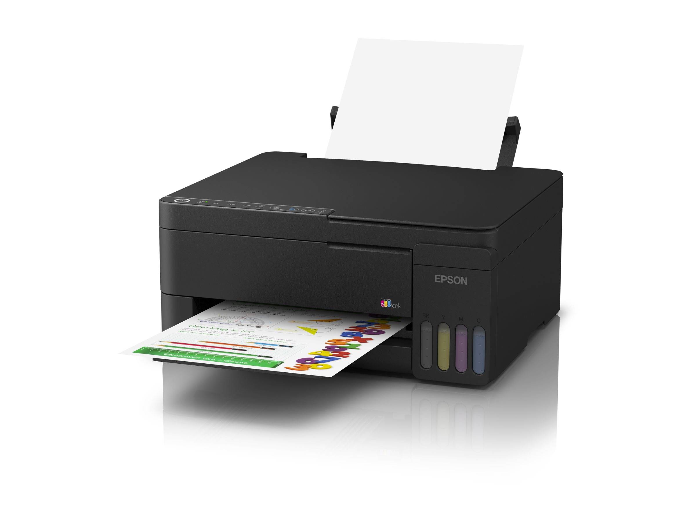 Schwarzer Epson-Tintenstrahldrucker druckt ein farbiges Dokument auf weißem Papier.