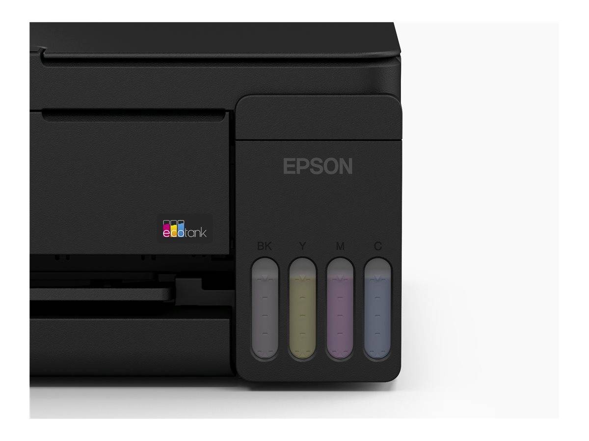 Vorderansicht eines Epson EcoTank-Druckers mit sichtbaren schwarzen, gelben, magenta- und cyan-farbigen Tintenköpfen auf der rechten Seite.
