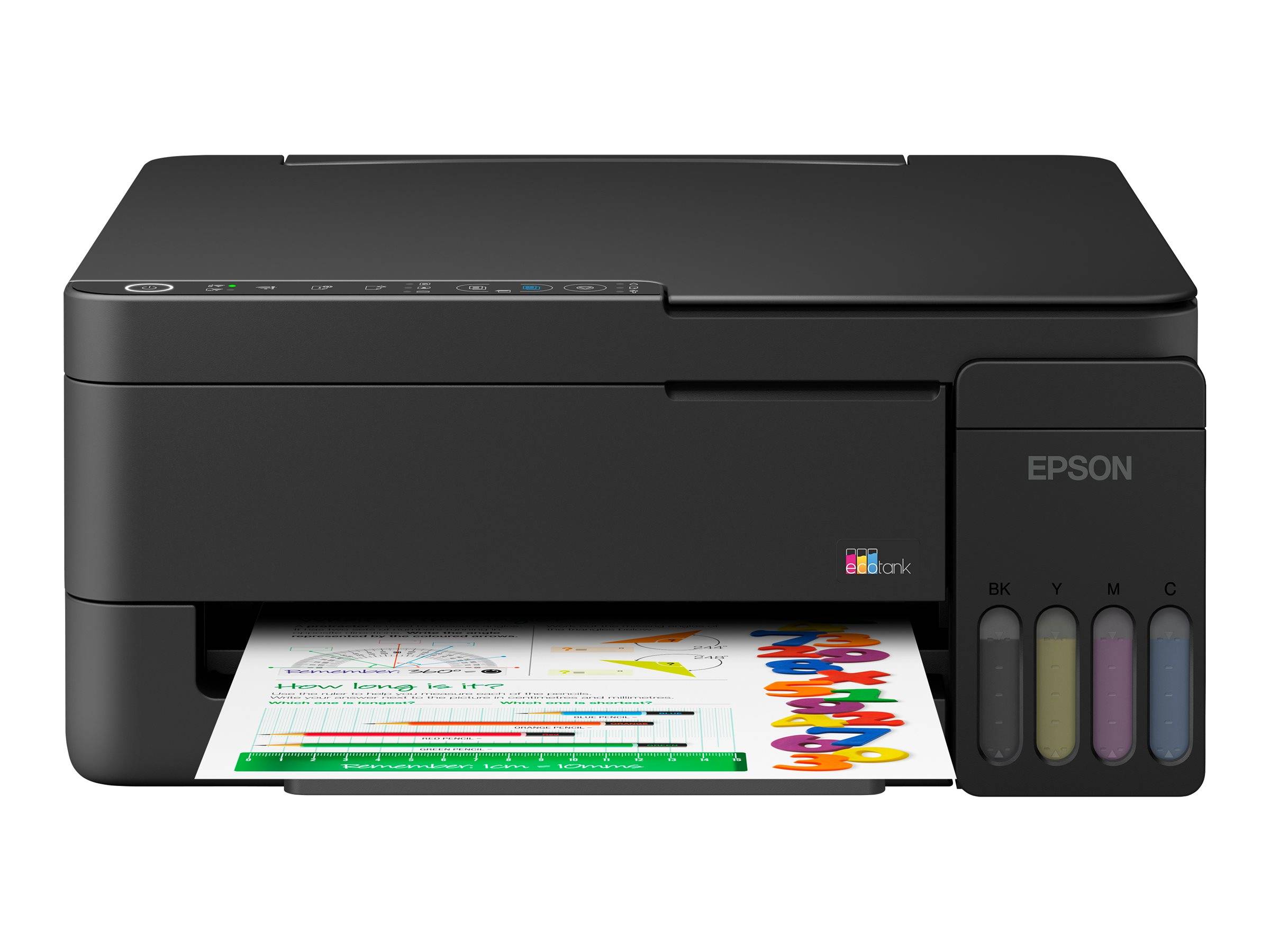 Schwarzer Epson Multifunktions-Tintenstrahldrucker druckt ein farbiges Dokument, mit sichtbaren vorderen Tintentanks auf der rechten Seite.